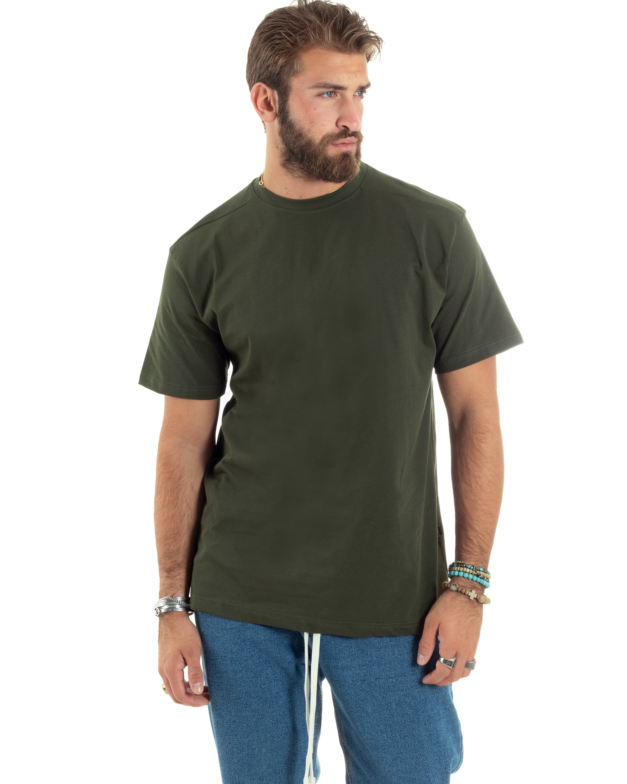 T-shirt Uomo Girocollo Mezze Maniche Cotone Premium Maglia Basic Casual Tinta Unita Verde GIOSAL-TS3079A