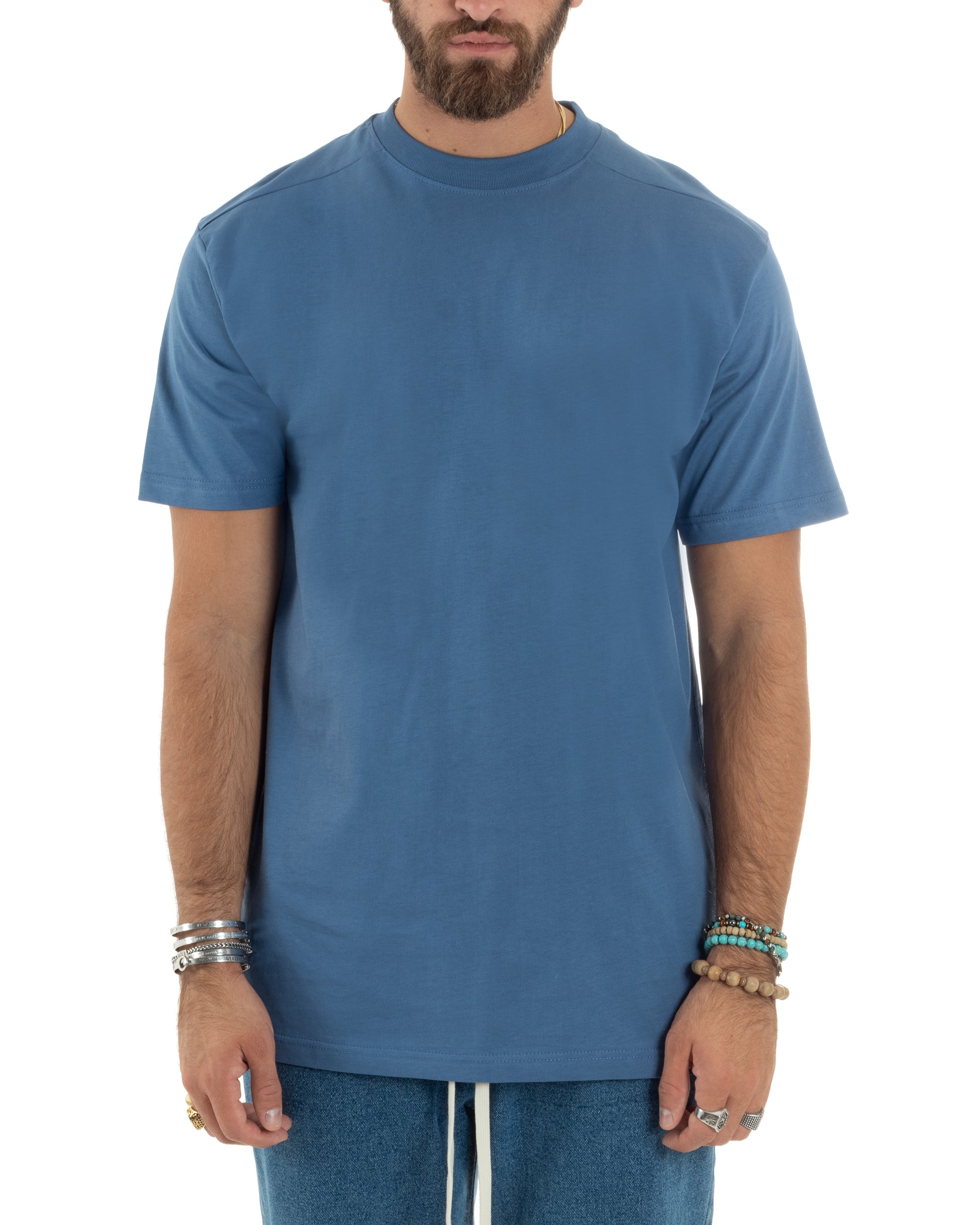 T-shirt Uomo Girocollo Mezze Maniche Cotone Premium Maglia Basic Casual Tinta Unita Azzurro GIOSAL-TS3080A