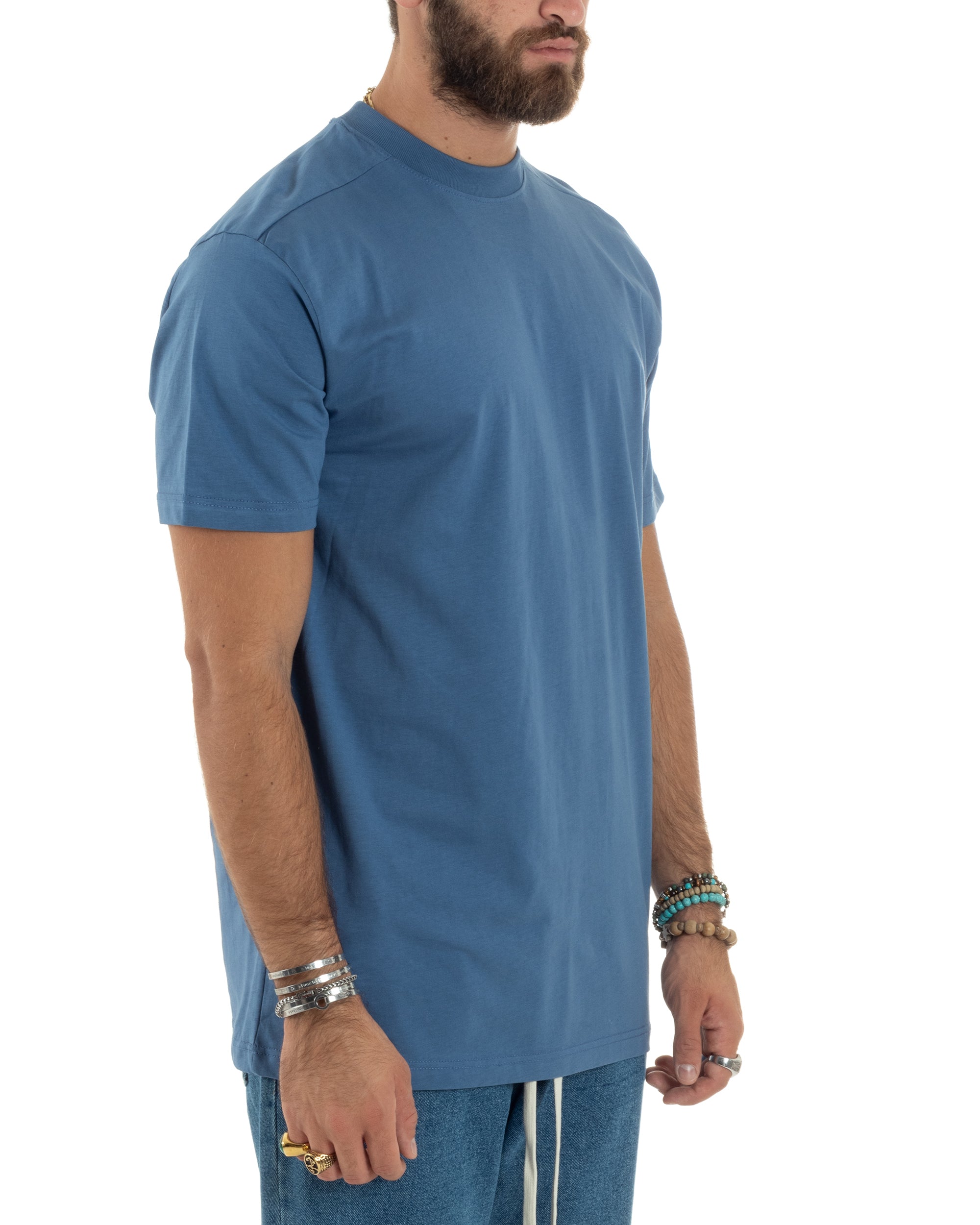 T-shirt Uomo Girocollo Mezze Maniche Cotone Premium Maglia Basic Casual Tinta Unita Azzurro GIOSAL-TS3080A