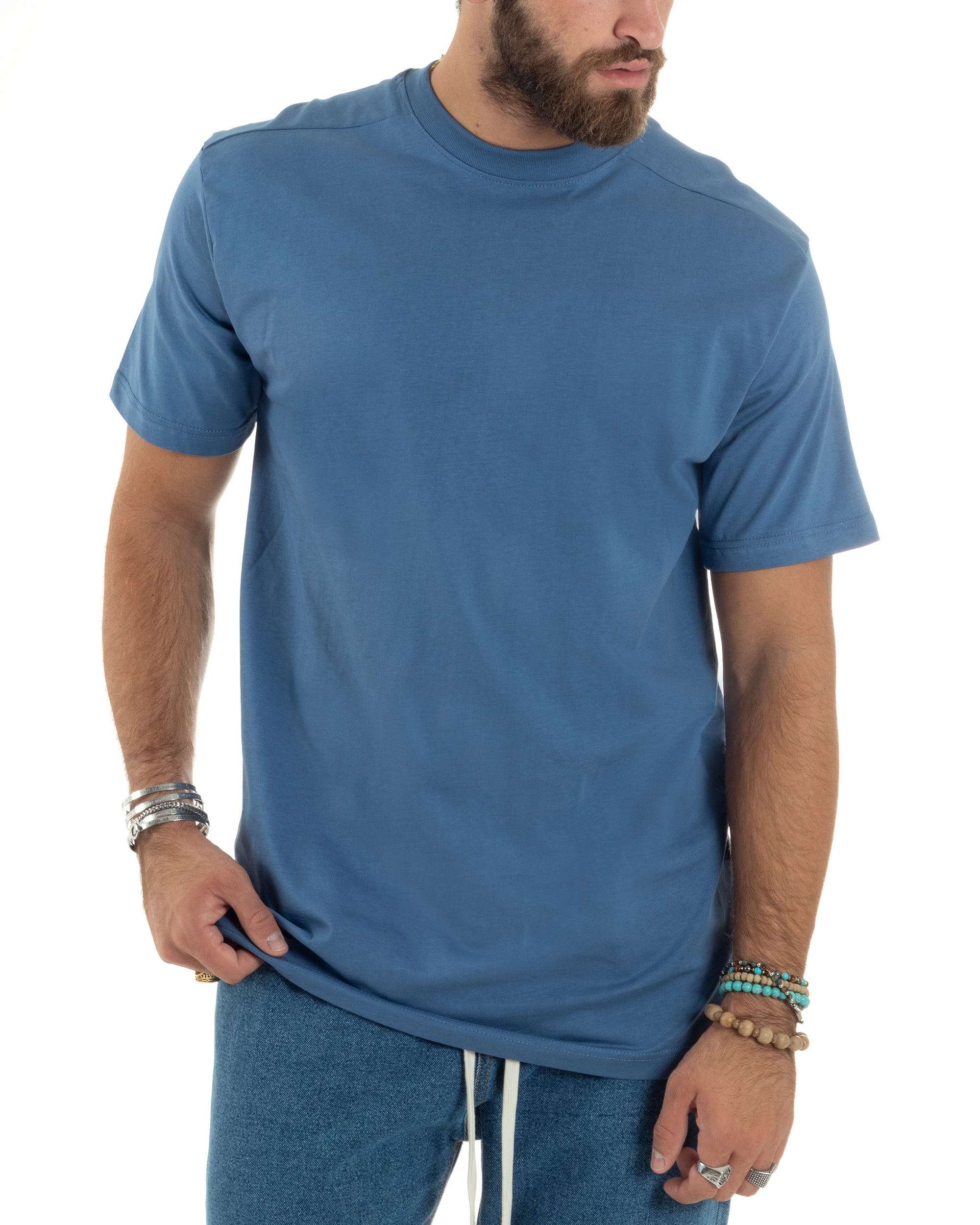 T-shirt Uomo Girocollo Mezze Maniche Cotone Premium Maglia Basic Casual Tinta Unita Azzurro GIOSAL-TS3080A