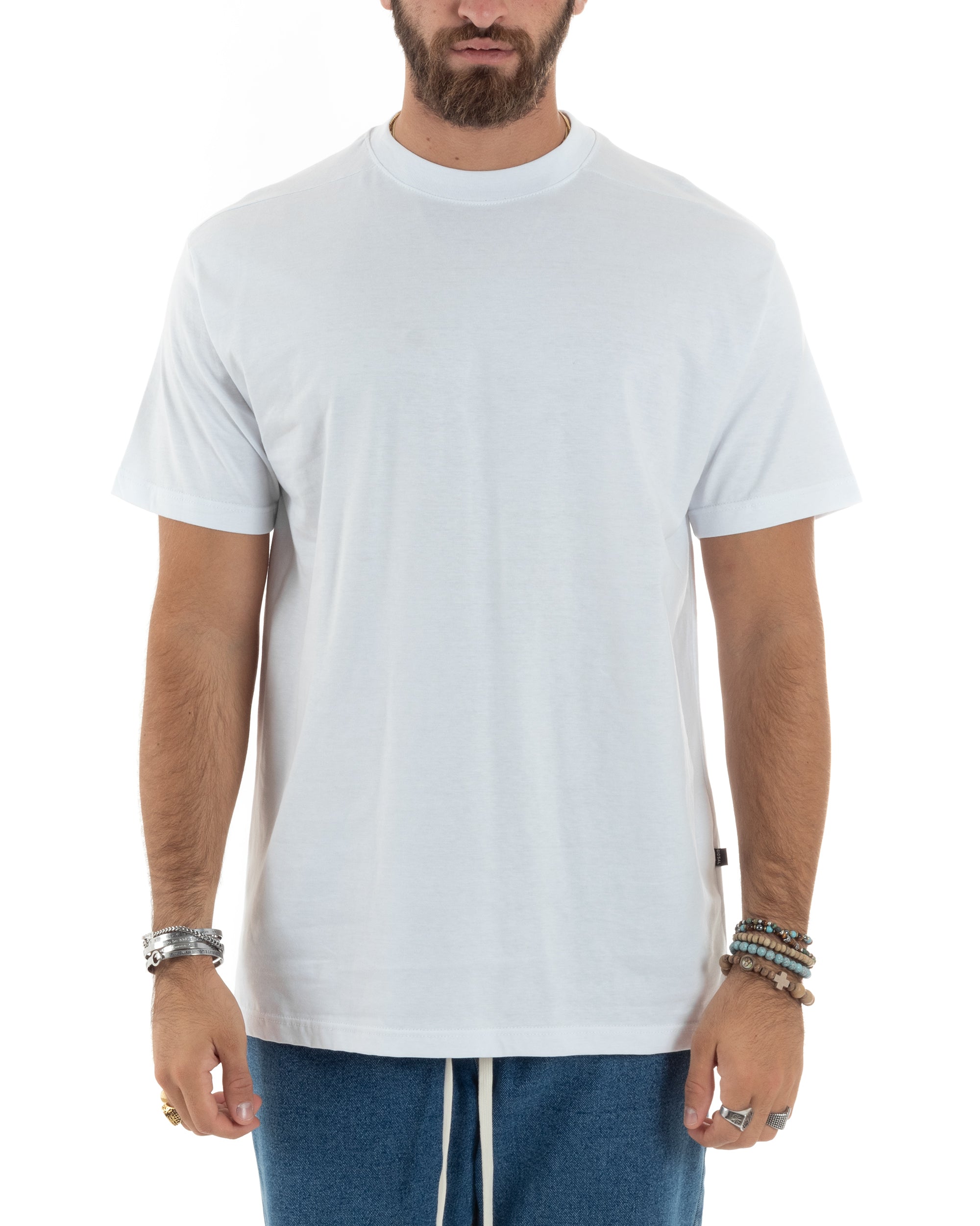 T-shirt Uomo Girocollo Mezze Maniche Cotone Premium Maglia Basic Casual Tinta Unita Bianco GIOSAL-TS3081A