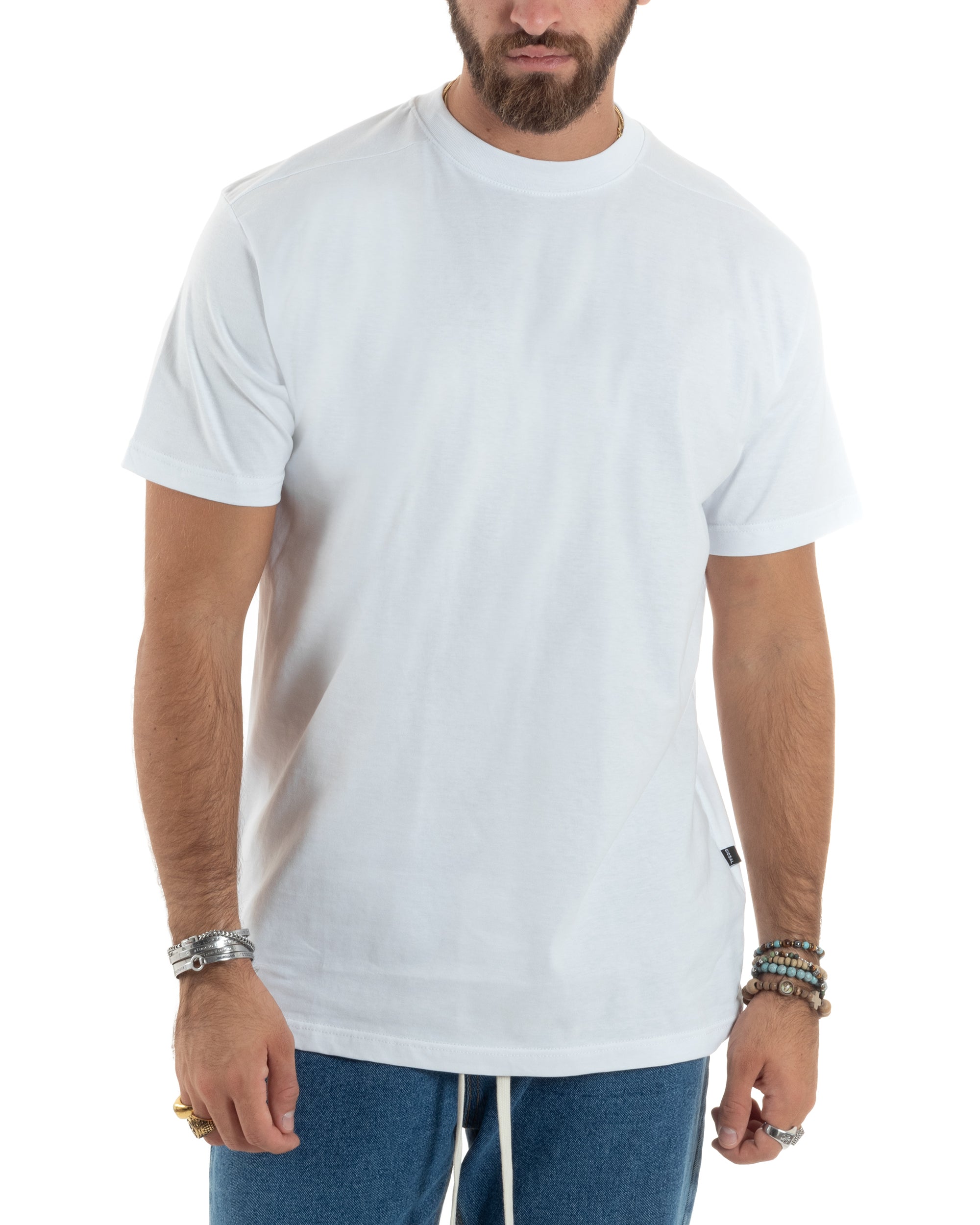 T-shirt Uomo Girocollo Mezze Maniche Cotone Premium Maglia Basic Casual Tinta Unita Bianco GIOSAL-TS3081A