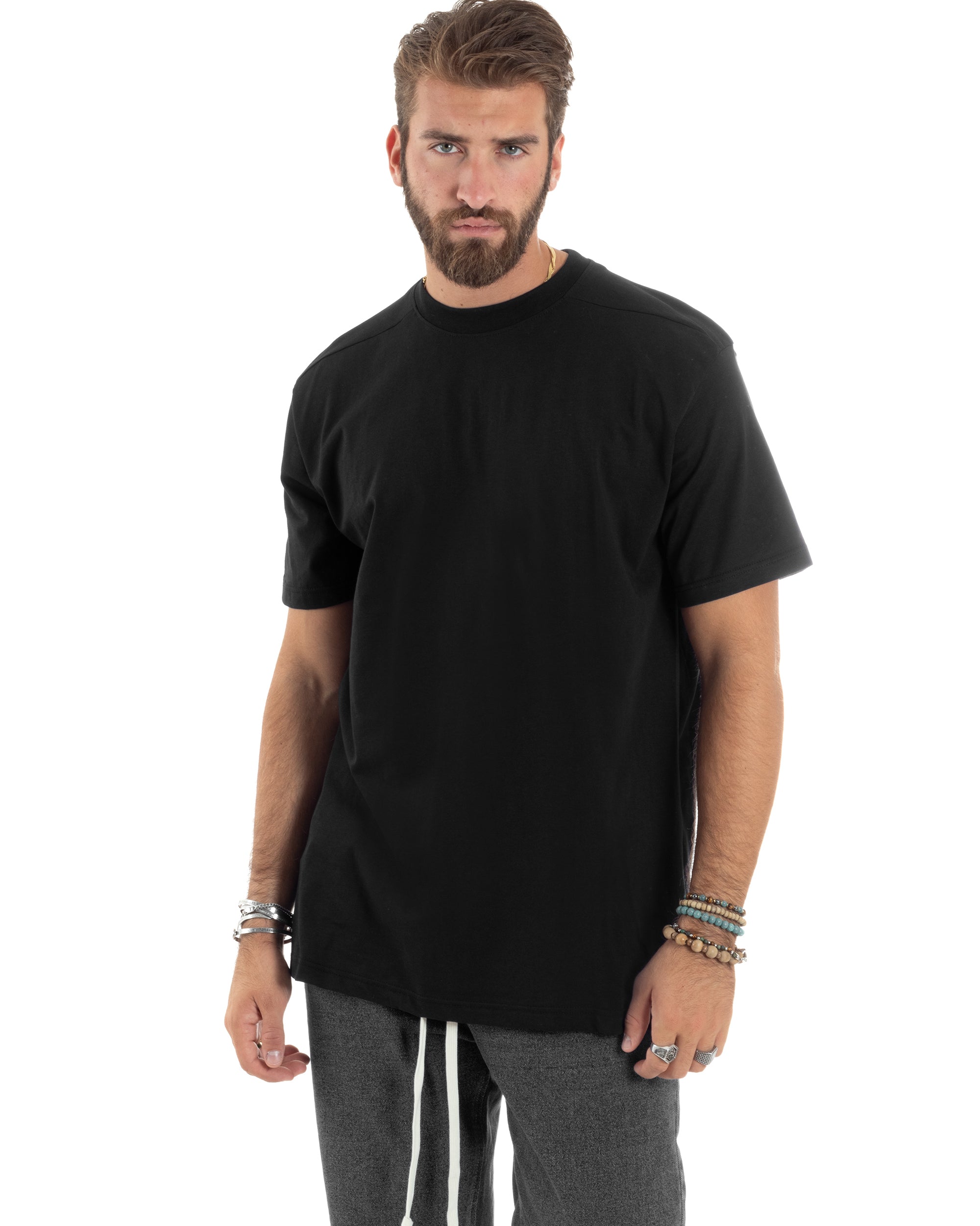 T-shirt Uomo Girocollo Mezze Maniche Cotone Premium Maglia Basic Casual Tinta Unita Nero GIOSAL-TS3082A