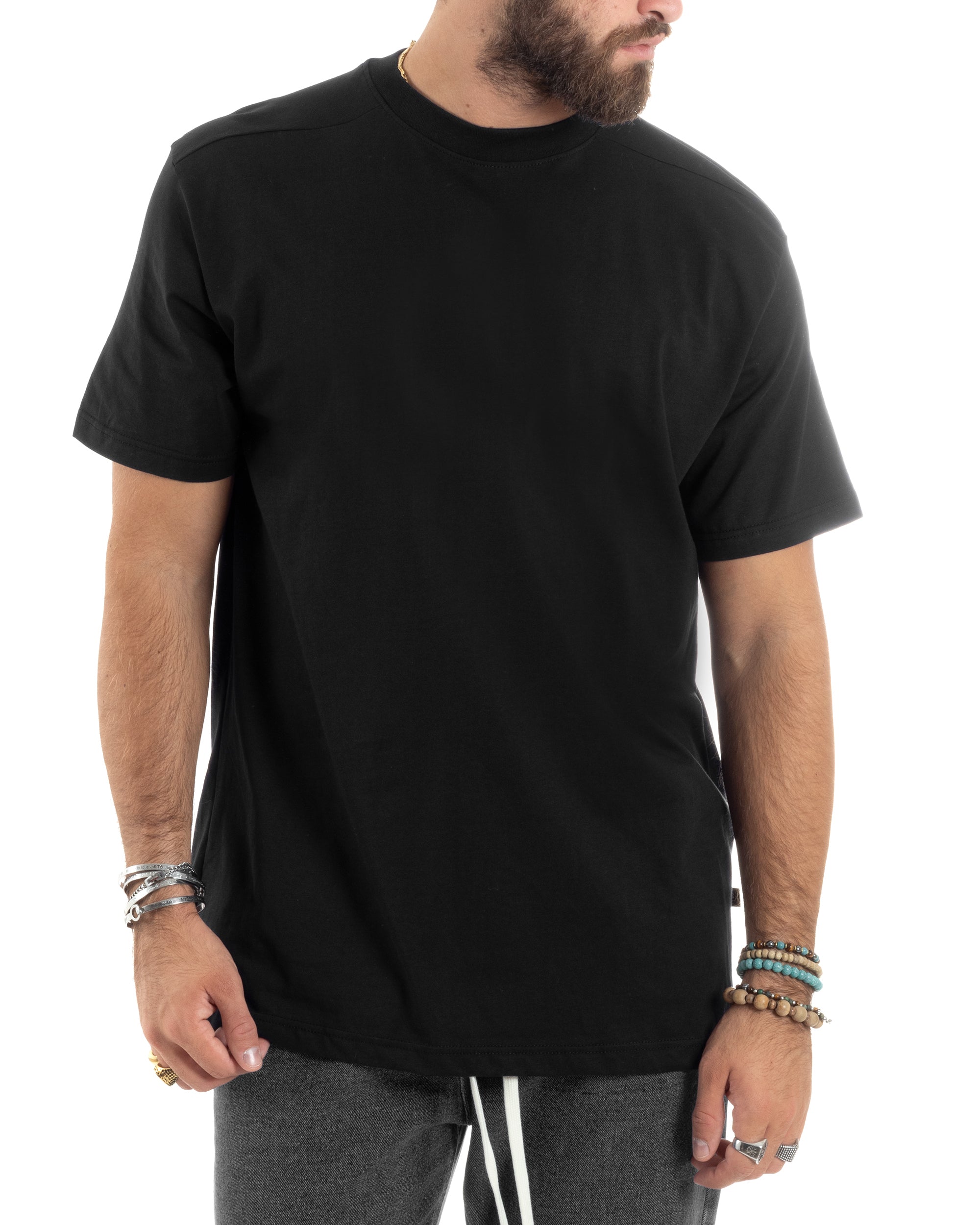 T-shirt Uomo Girocollo Mezze Maniche Cotone Premium Maglia Basic Casual Tinta Unita Nero GIOSAL-TS3082A