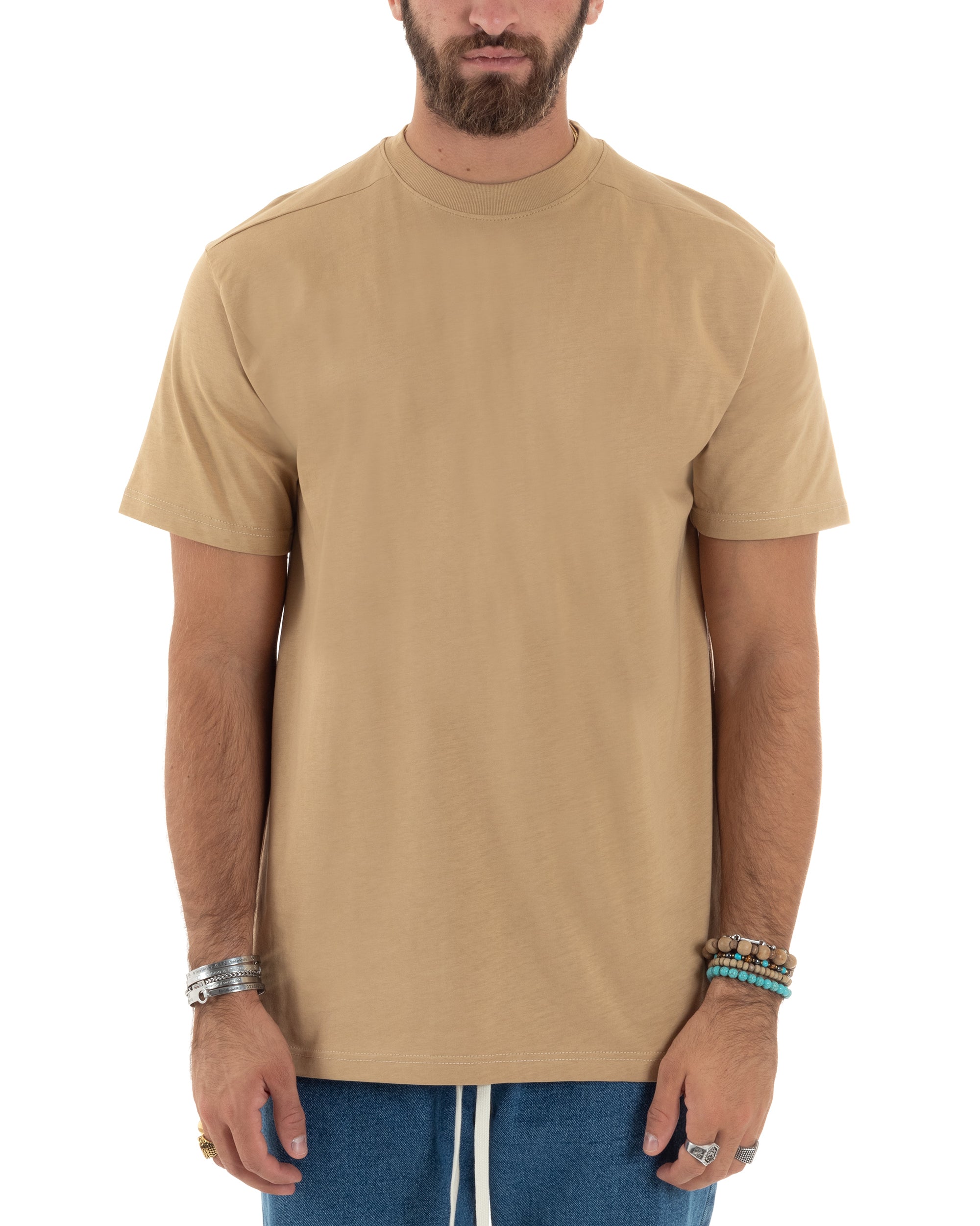 T-shirt Uomo Girocollo Mezze Maniche Cotone Premium Maglia Basic Casual Tinta Unita Beige GIOSAL-TS3083A