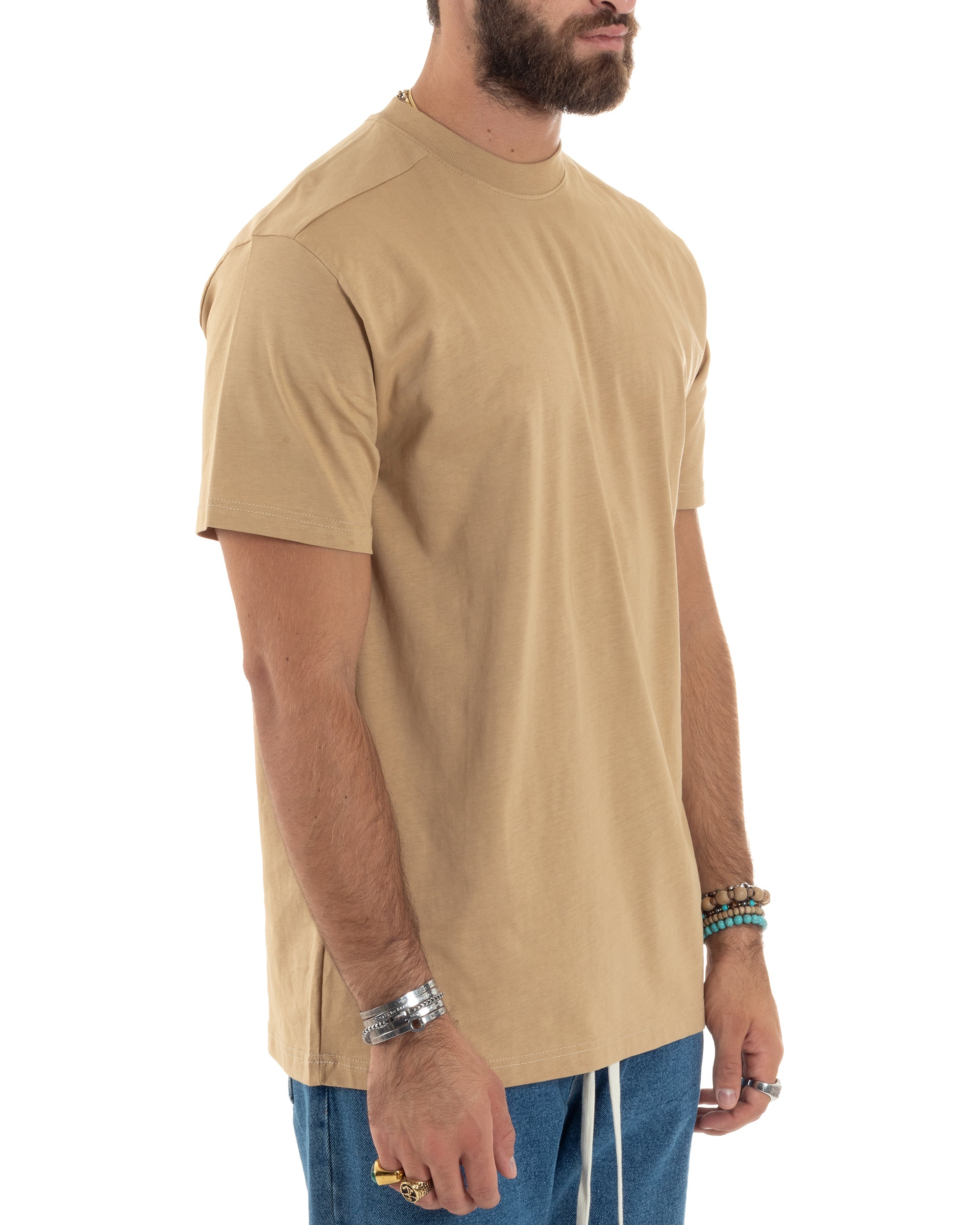 T-shirt Uomo Girocollo Mezze Maniche Cotone Premium Maglia Basic Casual Tinta Unita Beige GIOSAL-TS3083A