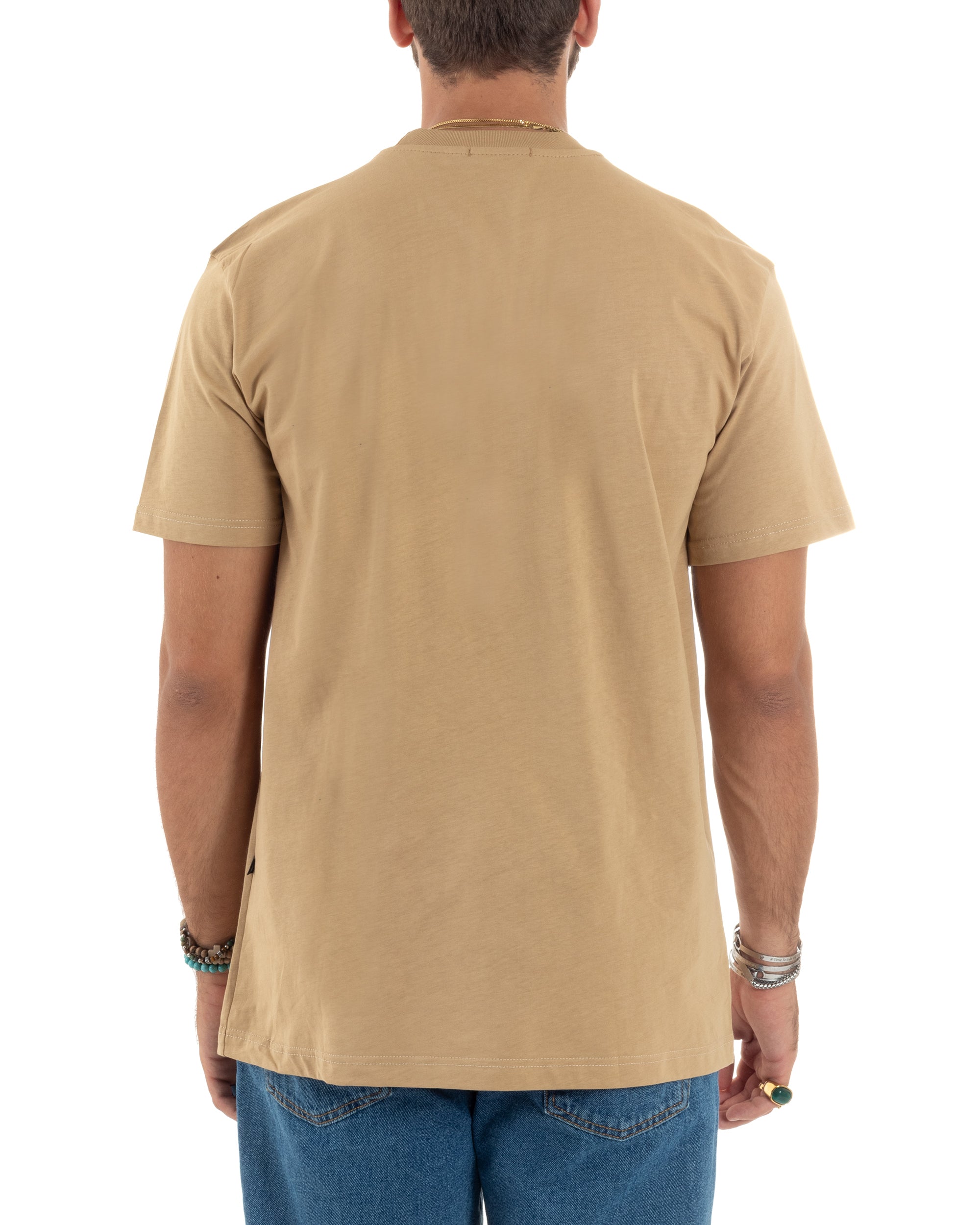 T-shirt Uomo Girocollo Mezze Maniche Cotone Premium Maglia Basic Casual Tinta Unita Beige GIOSAL-TS3083A