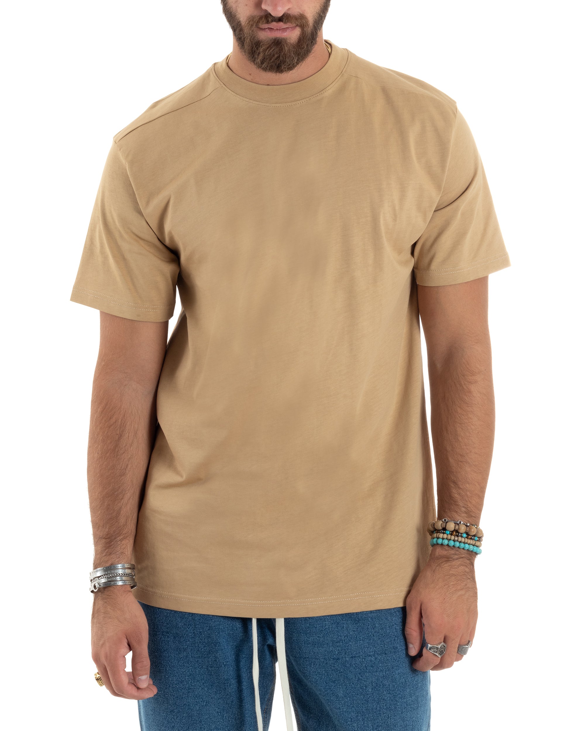 T-shirt Uomo Girocollo Mezze Maniche Cotone Premium Maglia Basic Casual Tinta Unita Beige GIOSAL-TS3083A