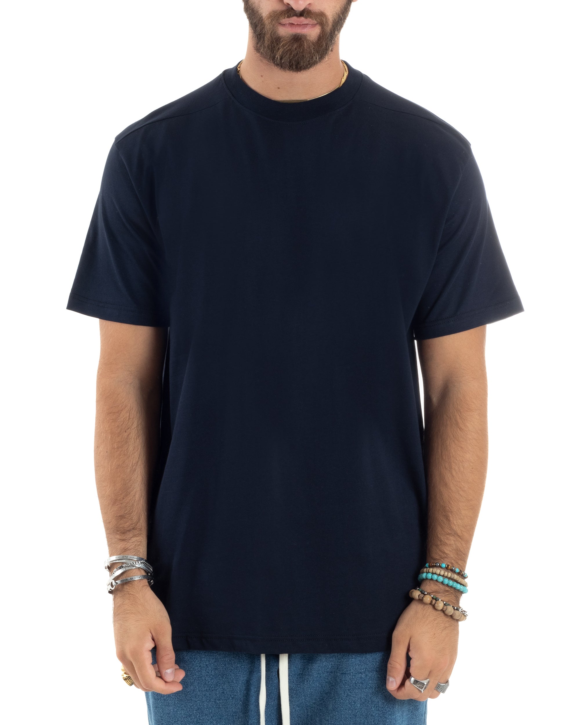 T-shirt Uomo Girocollo Mezze Maniche Cotone Premium Maglia Basic Casual Tinta Unita Blu GIOSAL-TS3084A