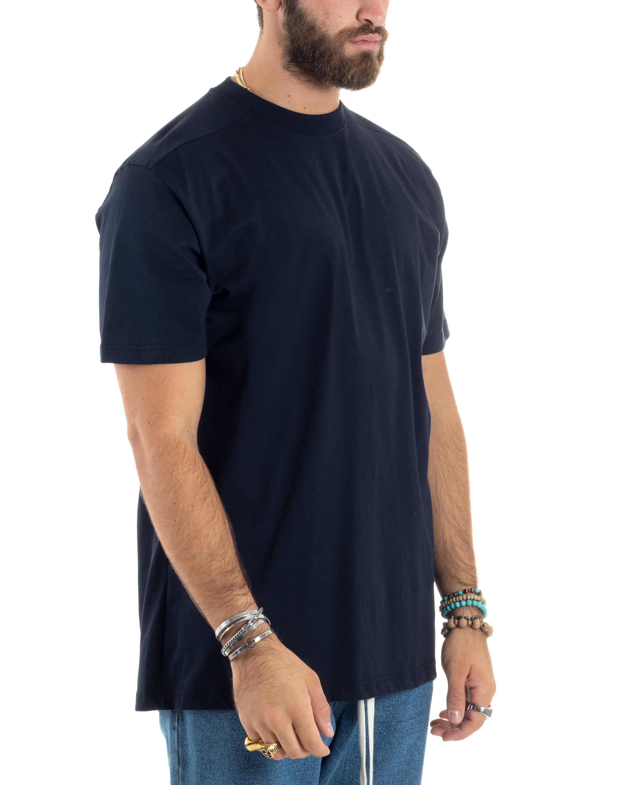 T-shirt Uomo Girocollo Mezze Maniche Cotone Premium Maglia Basic Casual Tinta Unita Blu GIOSAL-TS3084A