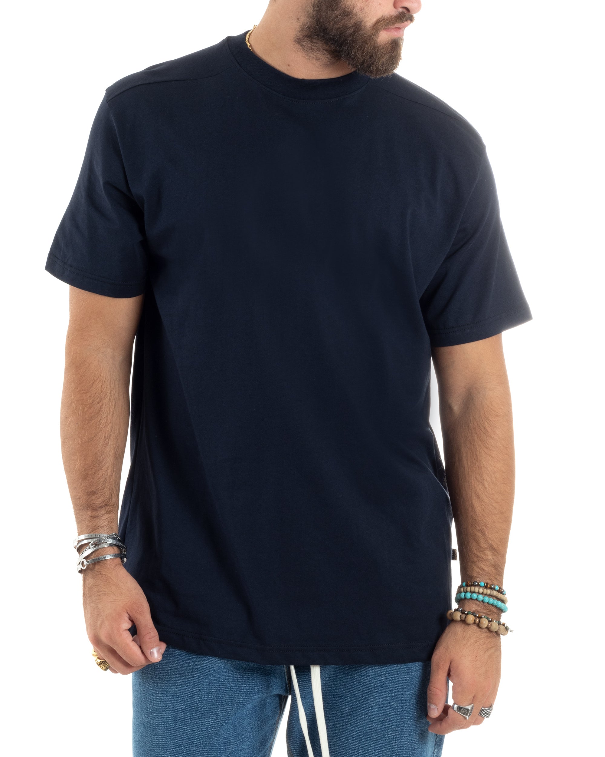 T-shirt Uomo Girocollo Mezze Maniche Cotone Premium Maglia Basic Casual Tinta Unita Blu GIOSAL-TS3084A