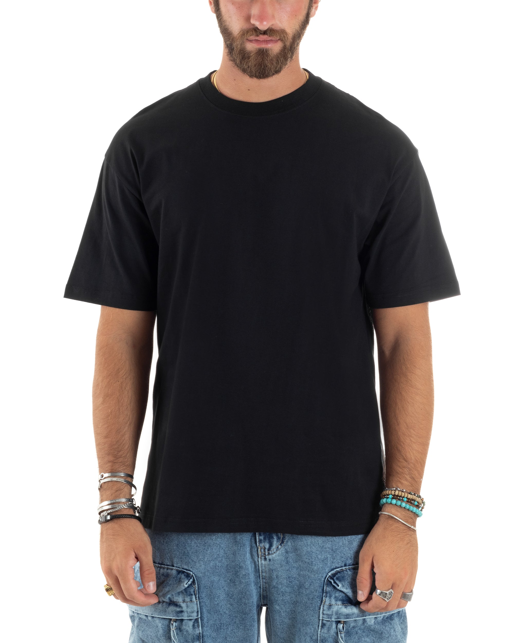 T-shirt Uomo Girocollo Cotone Mezze Maniche Maglia Basic Tinta Unita Casual Nero GIOSAL-TS3086A