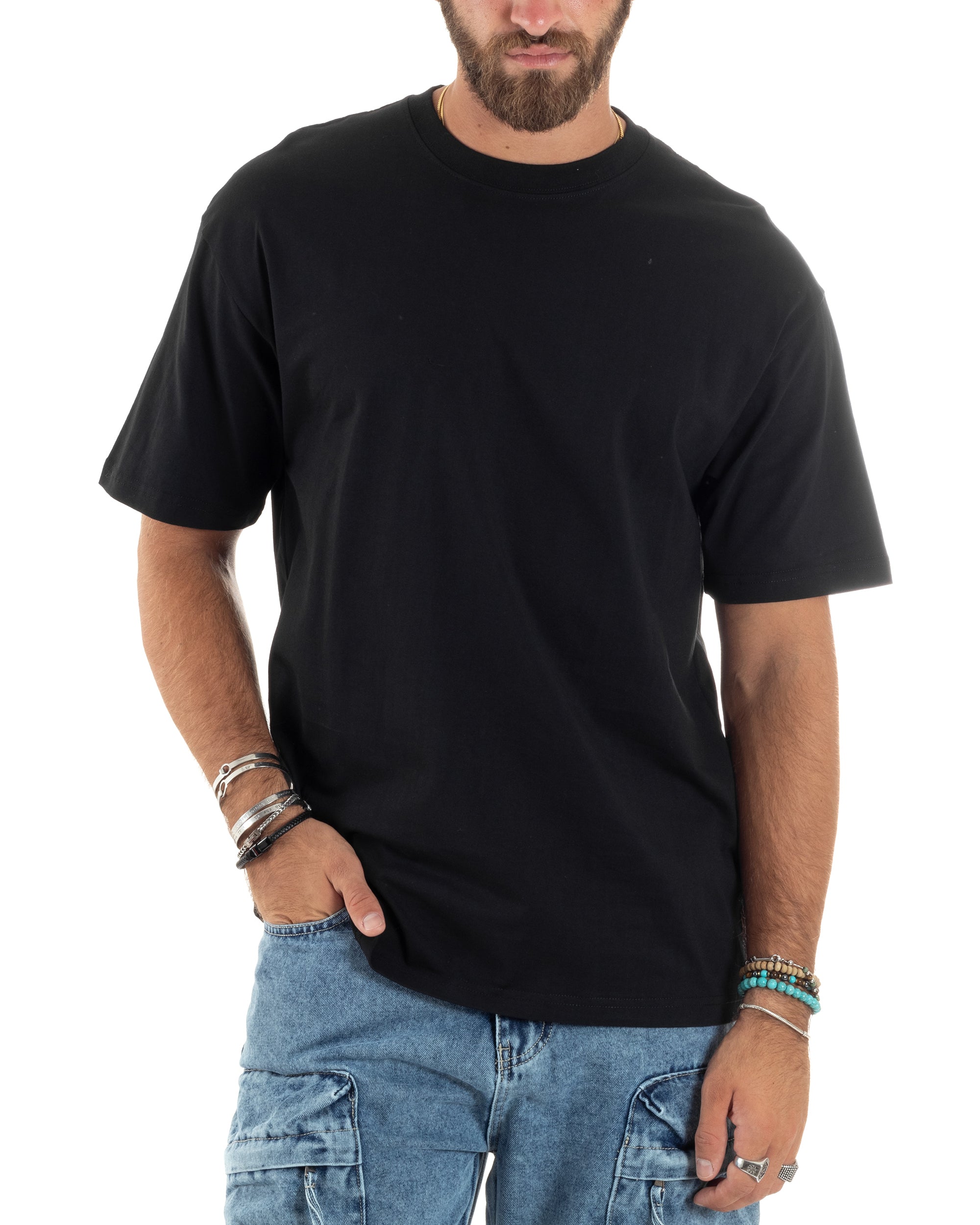 T-shirt Uomo Girocollo Cotone Mezze Maniche Maglia Basic Tinta Unita Casual Nero GIOSAL-TS3086A