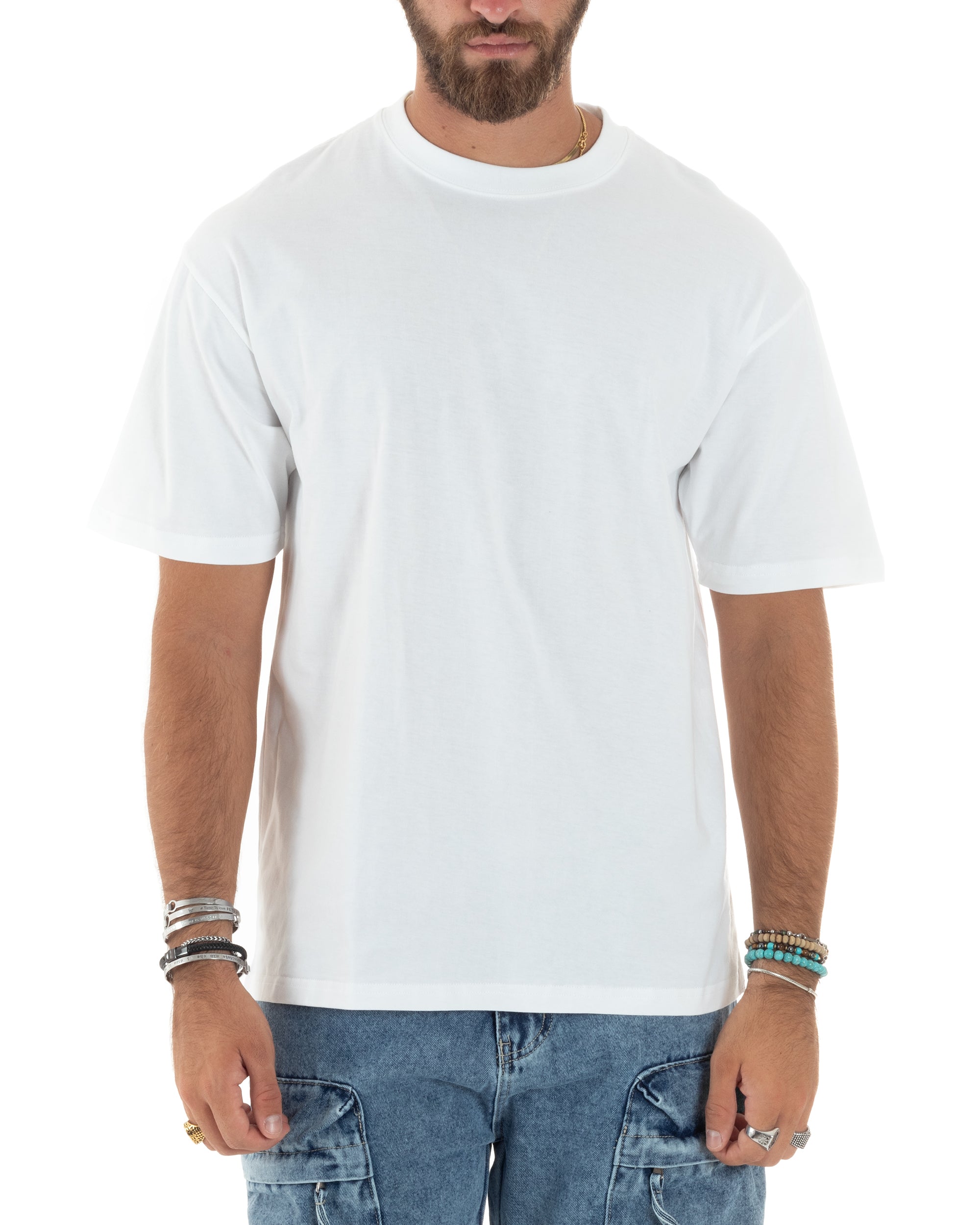 T-shirt Uomo Girocollo Cotone Mezze Maniche Maglia Basic Tinta Unita Casual Bianco GIOSAL-TS3087A