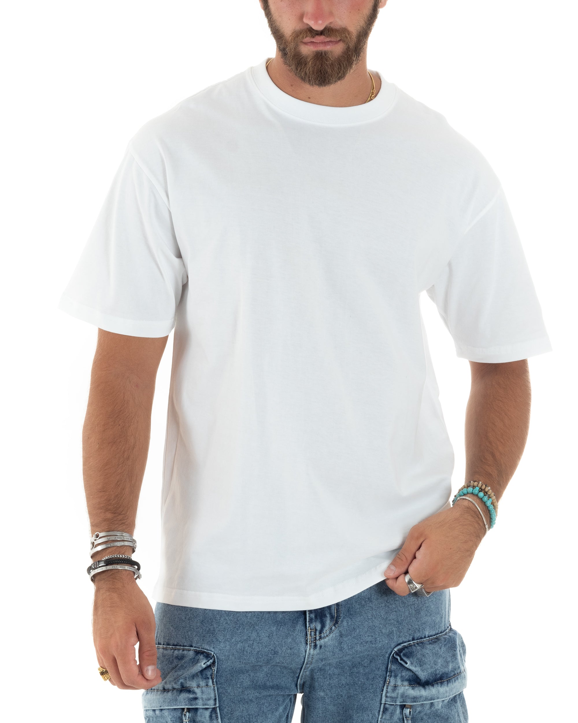 T-shirt Uomo Girocollo Cotone Mezze Maniche Maglia Basic Tinta Unita Casual Bianco GIOSAL-TS3087A