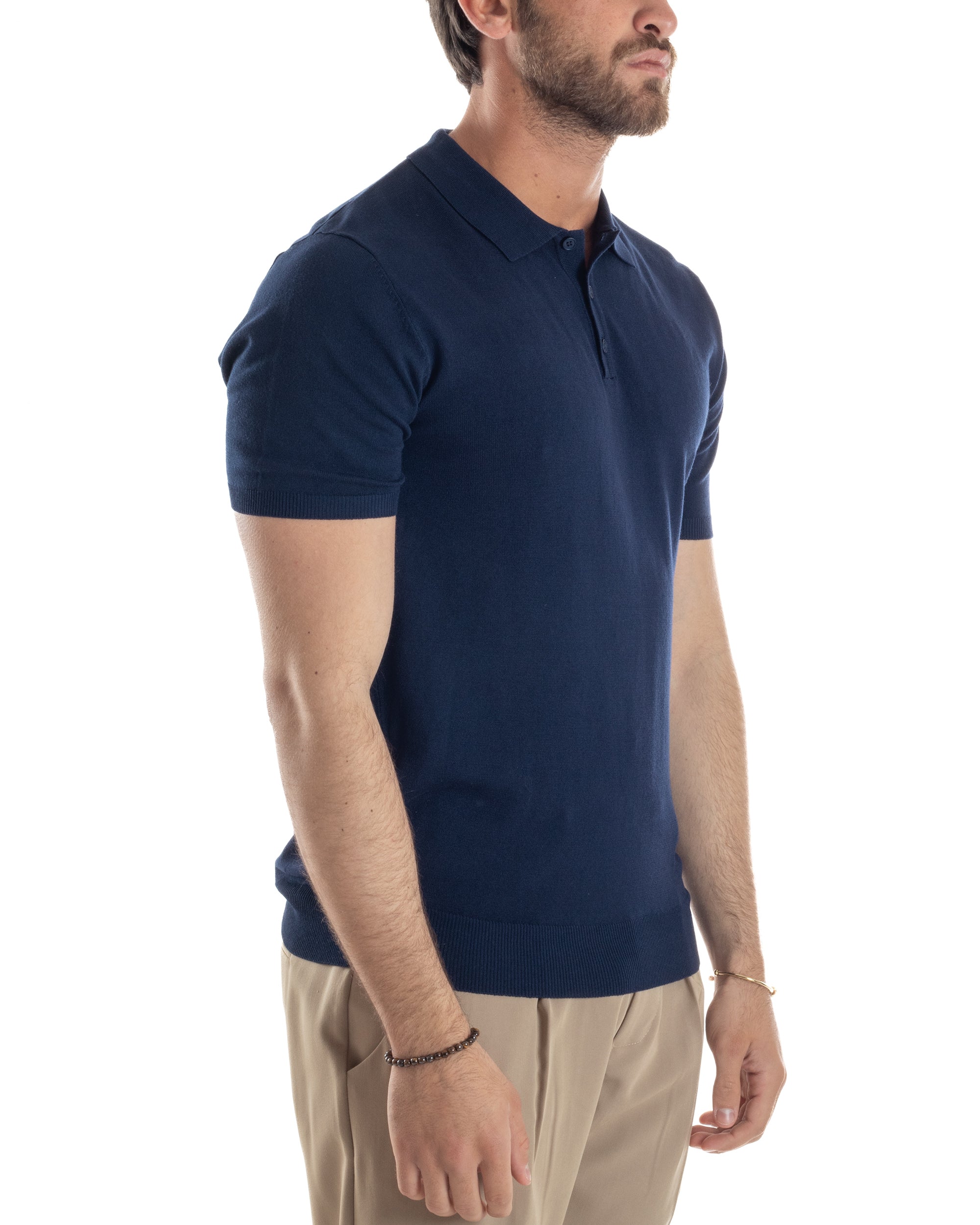 Polo Uomo Filo Maglia Con Colletto Bottoni Casual T-Shirt Sottogiacca Leggera Tinta Unita Blu GIOSAL-TS3131A