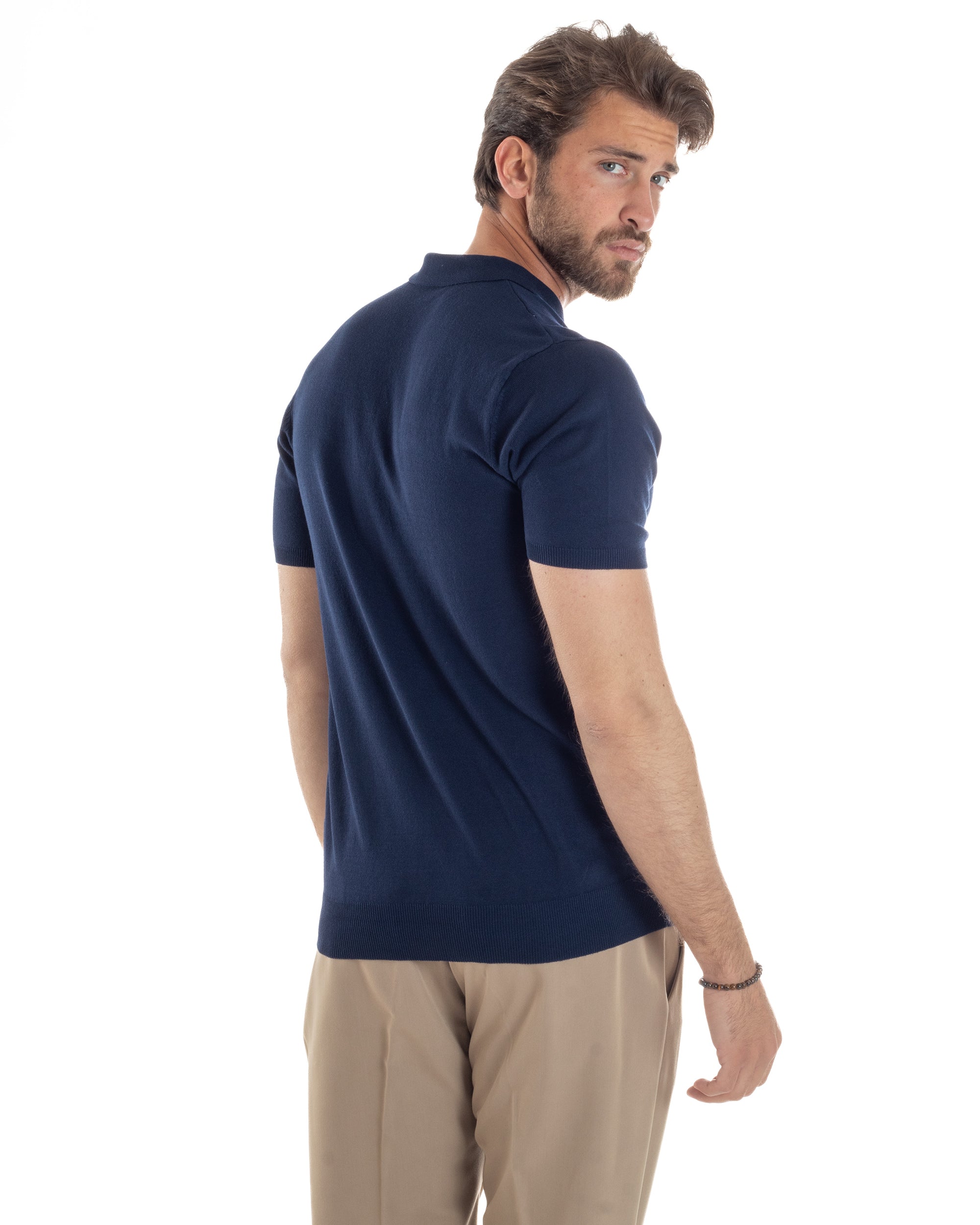 Polo Uomo Filo Maglia Con Colletto Bottoni Casual T-Shirt Sottogiacca Leggera Tinta Unita Blu GIOSAL-TS3131A