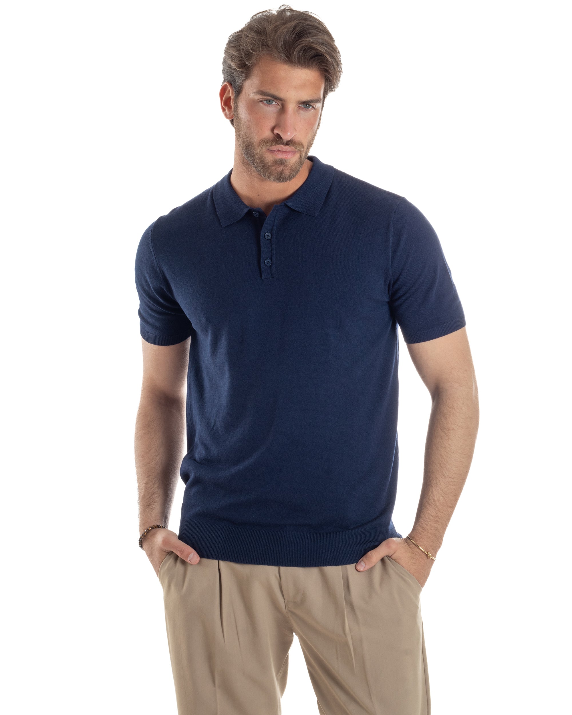 Polo Uomo Filo Maglia Con Colletto Bottoni Casual T-Shirt Sottogiacca Leggera Tinta Unita Blu GIOSAL-TS3131A