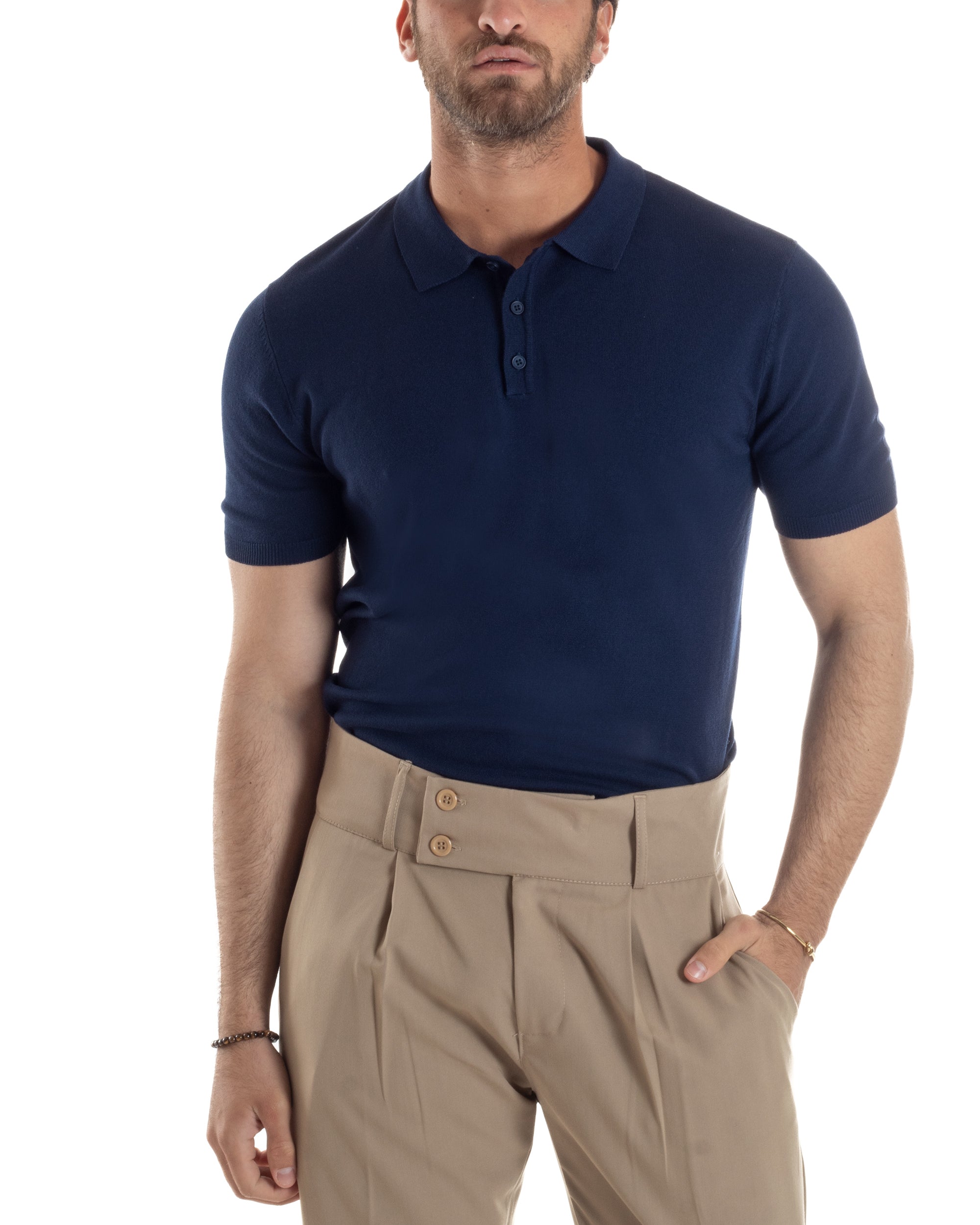 Polo Uomo Filo Maglia Con Colletto Bottoni Casual T-Shirt Sottogiacca Leggera Tinta Unita Blu GIOSAL-TS3131A
