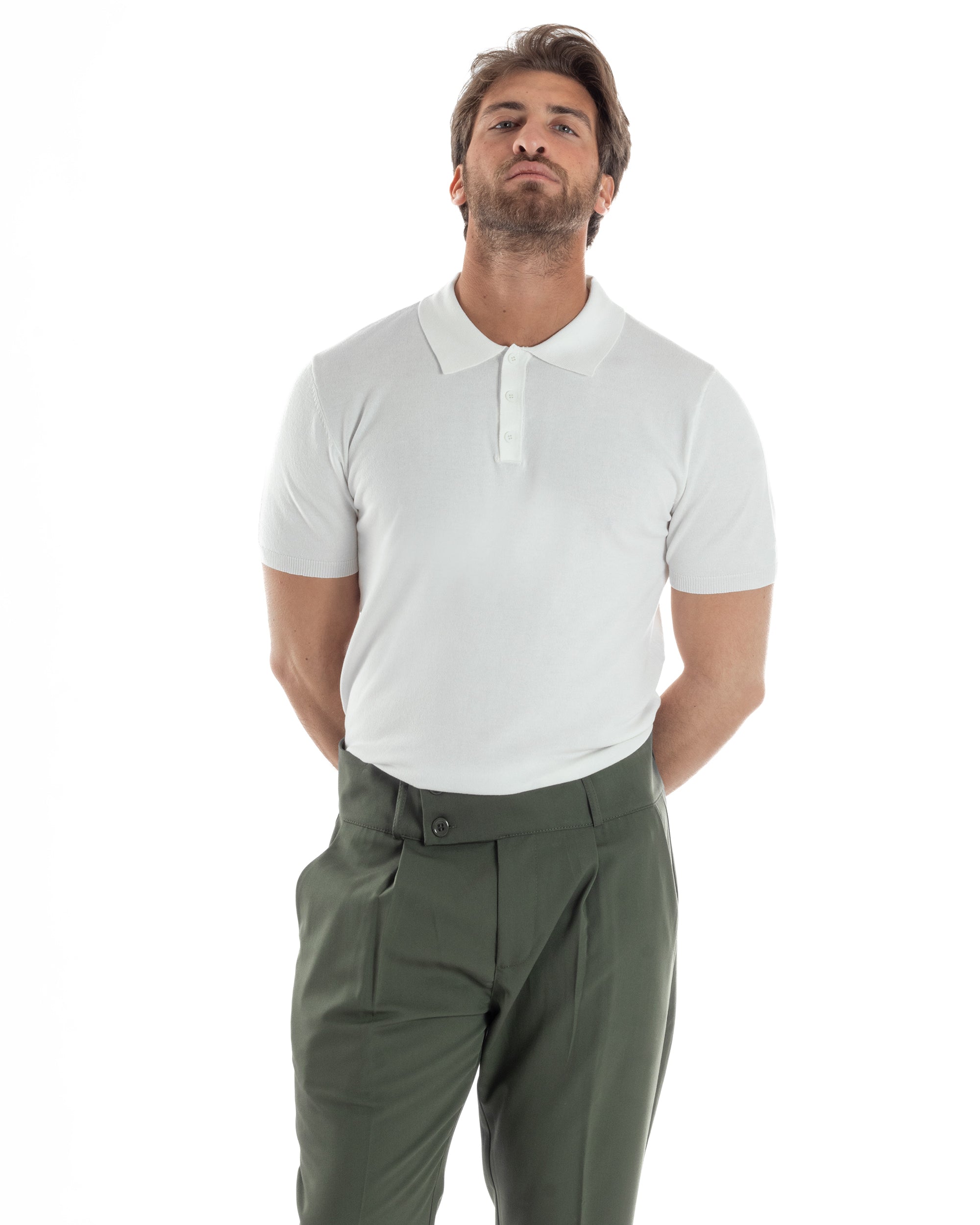 Polo Uomo Filo Maglia Con Colletto Bottoni Casual T-Shirt Sottogiacca Leggera Tinta Unita Bianco GIOSAL-TS3132A