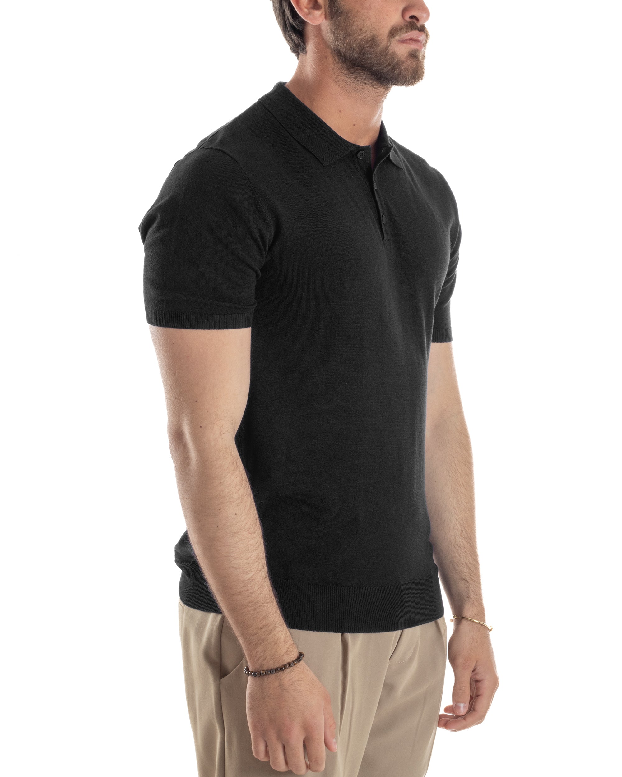 Polo Uomo Filo Maglia Con Colletto Bottoni Casual T-Shirt Sottogiacca Leggera Tinta Unita Nero GIOSAL-TS3133A