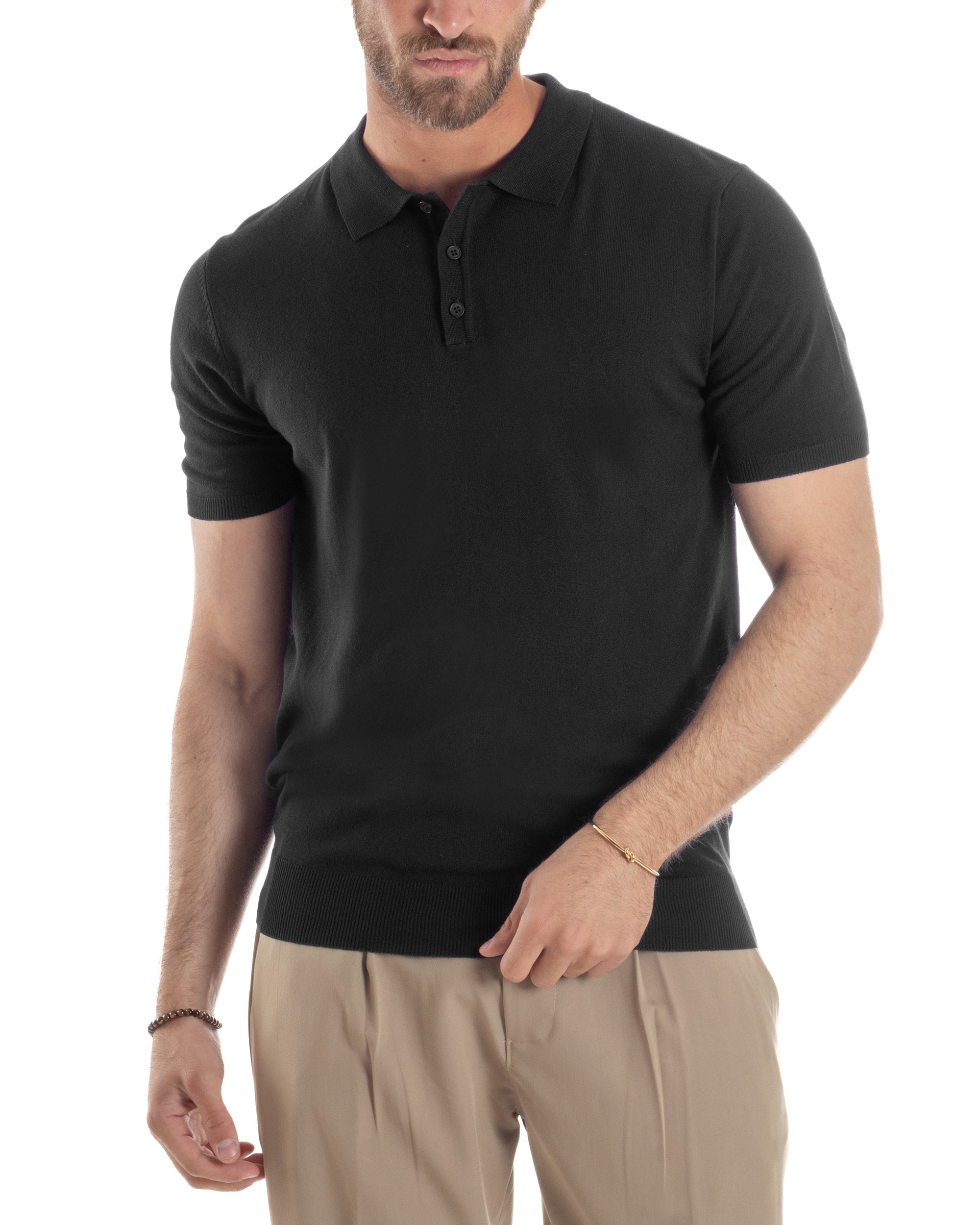 Polo Uomo Filo Maglia Con Colletto Bottoni Casual T-Shirt Sottogiacca Leggera Tinta Unita Nero GIOSAL-TS3133A