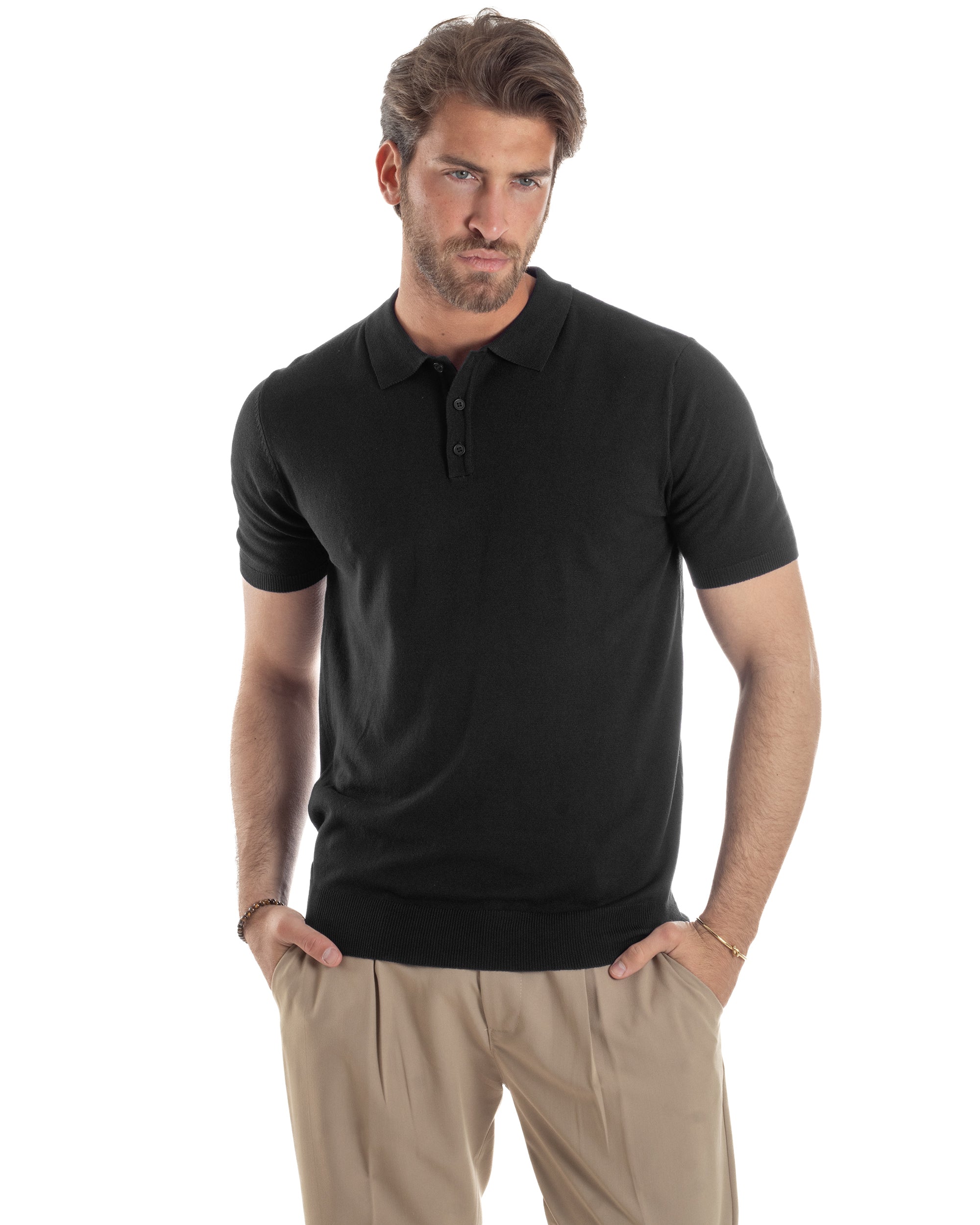 Polo Uomo Filo Maglia Con Colletto Bottoni Casual T-Shirt Sottogiacca Leggera Tinta Unita Nero GIOSAL-TS3133A