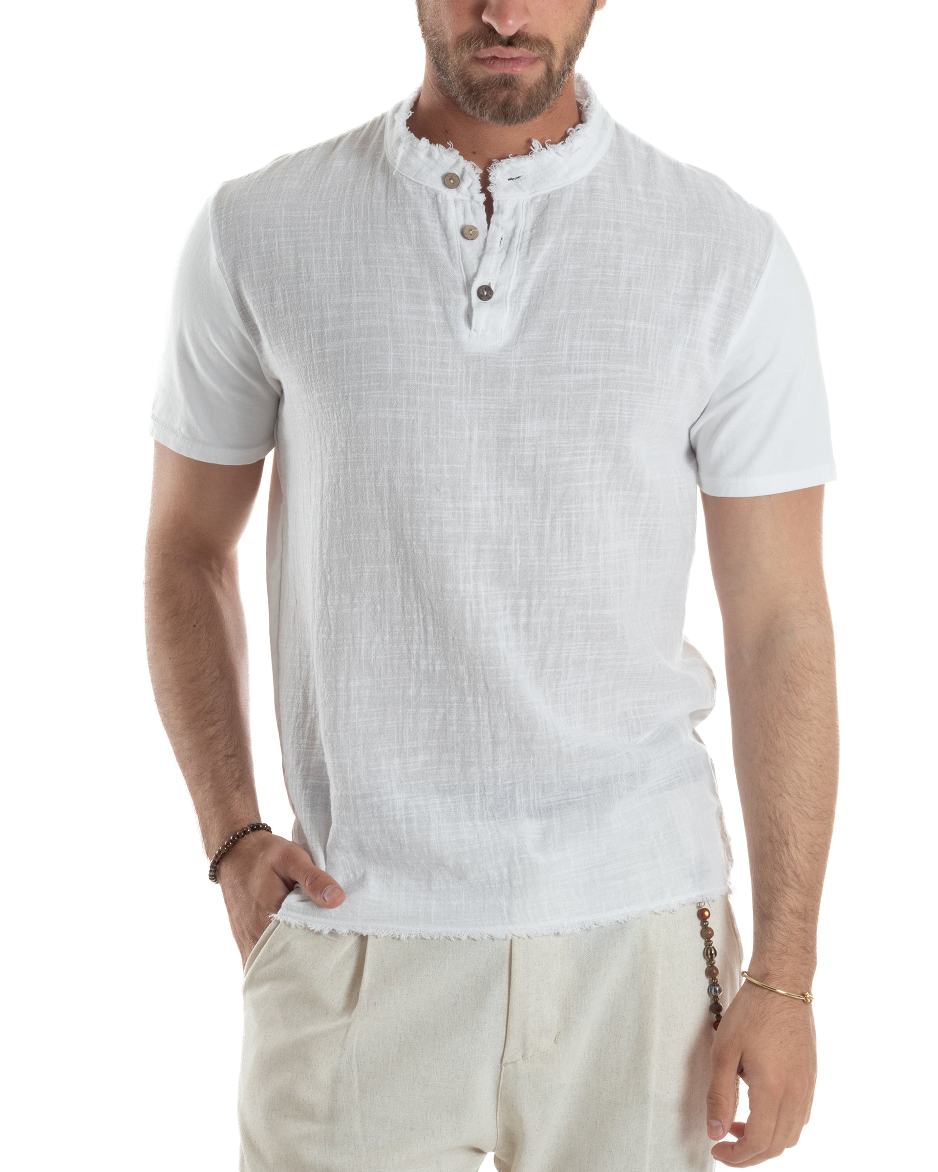 Camicia Henley Uomo A Maniche Corte | Cotone Morbido Con Bottoni A Contrasto | Tinta Unita Taglie S | Casual E Aderente - 4