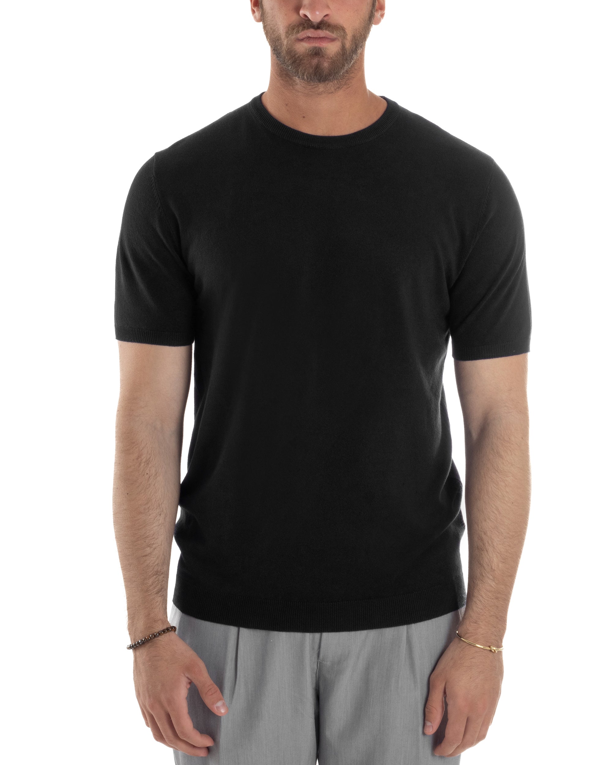 T-Shirt Uomo Girocollo Filo Maglia Sottogiacca Casual Basic Tinta Unita Nero GIOSAL-TS3153A