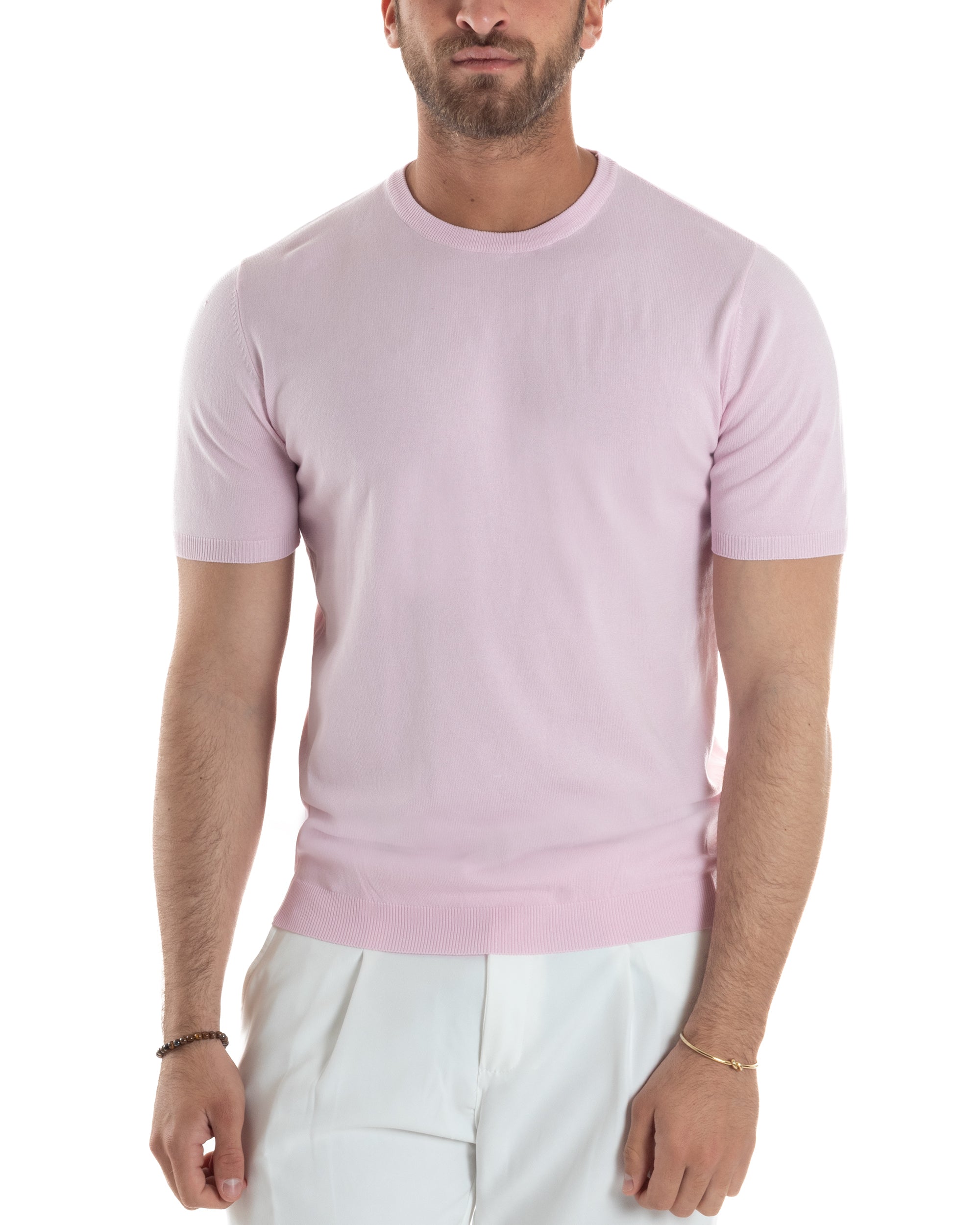 T-Shirt Uomo Girocollo Filo Maglia Sottogiacca Casual Basic Tinta Unita Rosa GIOSAL-TS3157A