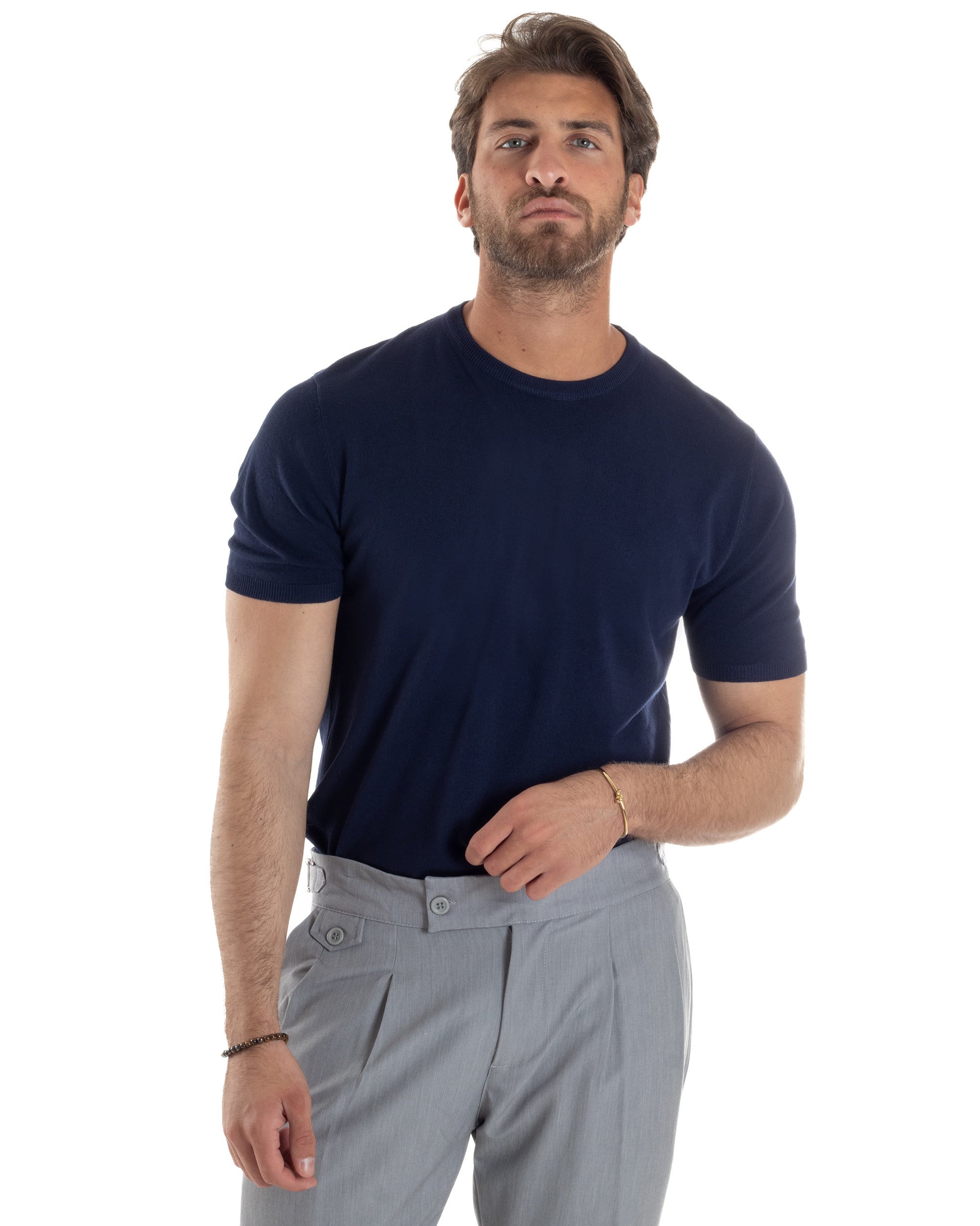 T-Shirt Uomo Girocollo Filo Maglia Sottogiacca Casual Basic Tinta Unita Blu GIOSAL-TS3158A