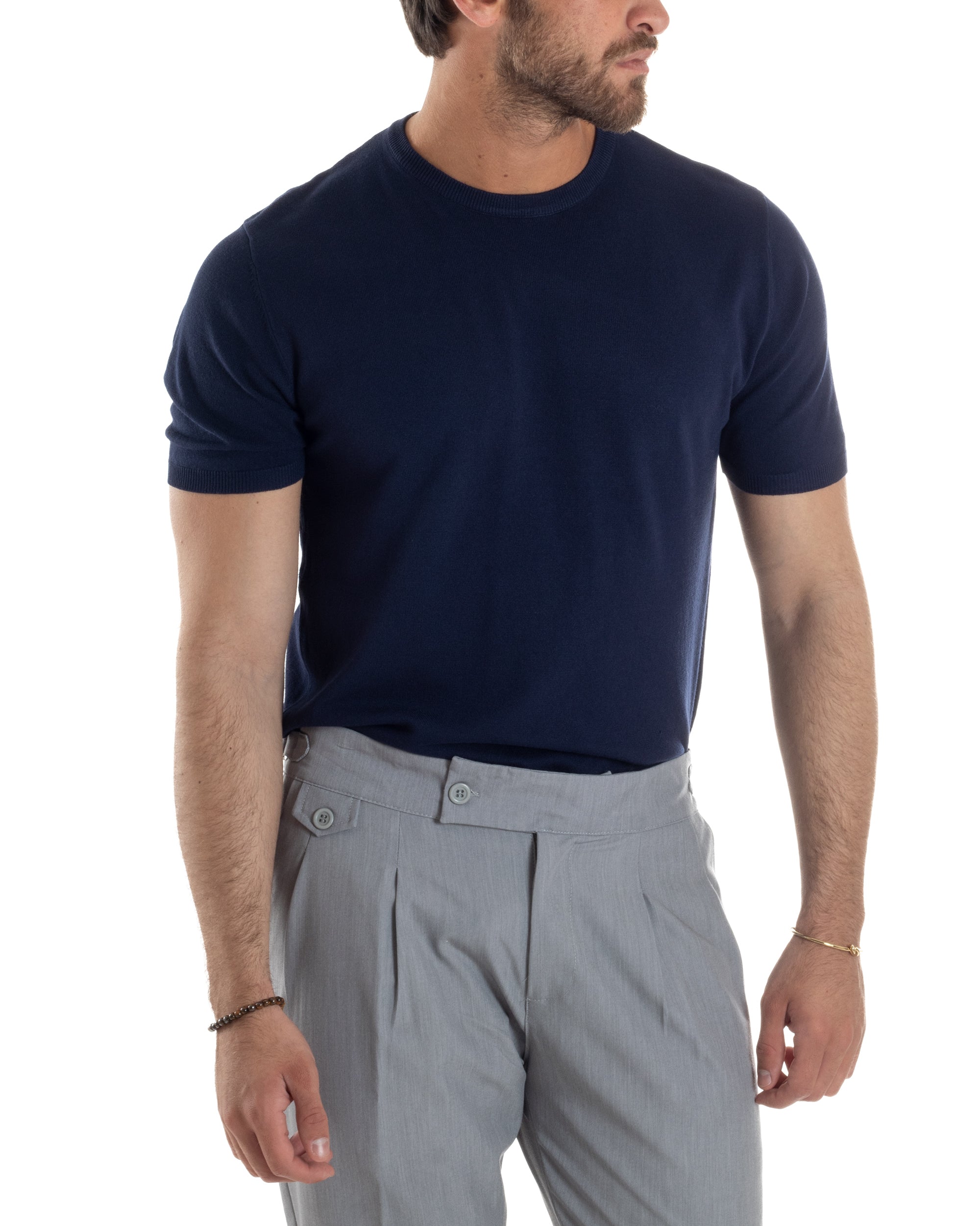 T-Shirt Uomo Girocollo Filo Maglia Sottogiacca Casual Basic Tinta Unita Blu GIOSAL-TS3158A