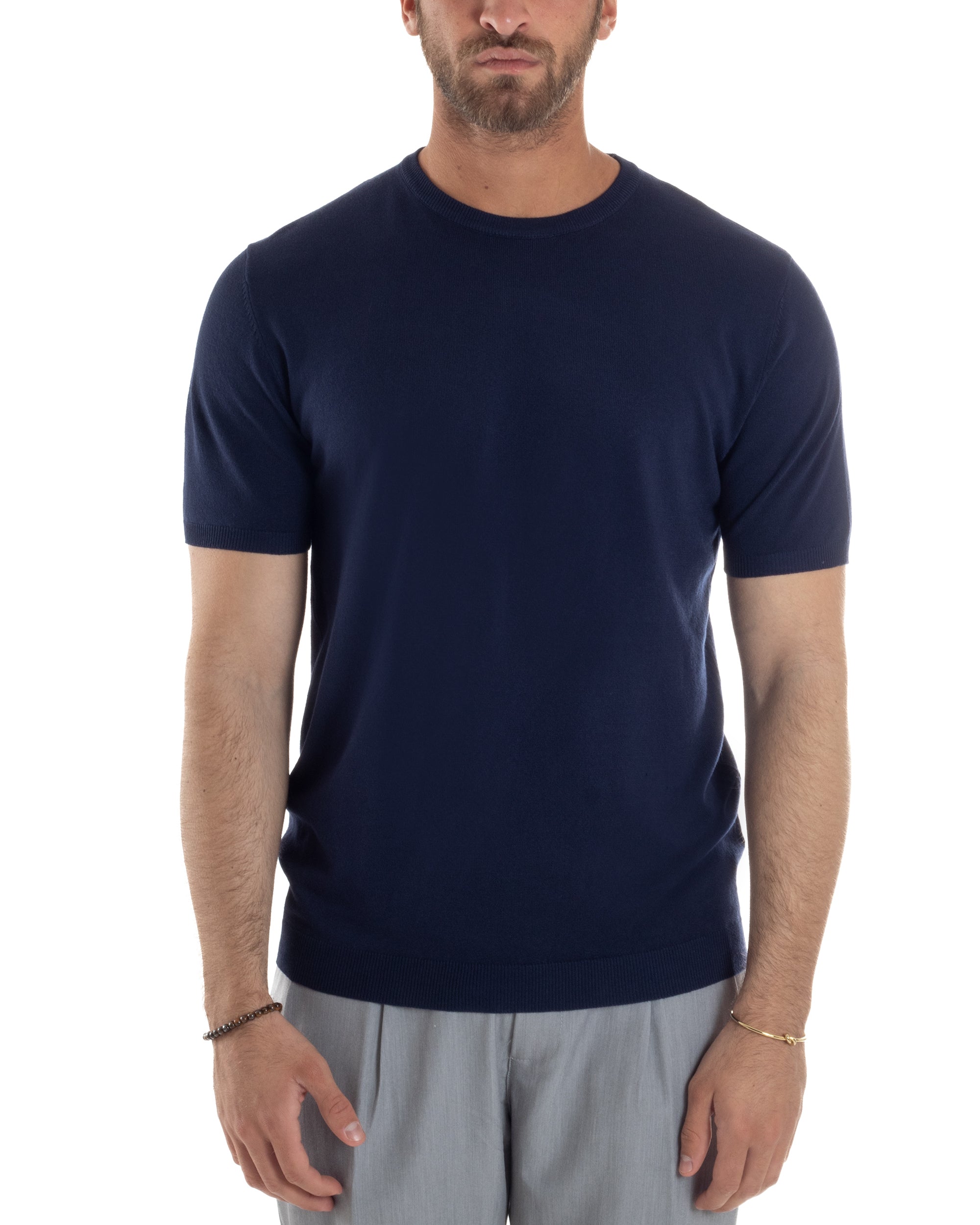 T-Shirt Uomo Girocollo Filo Maglia Sottogiacca Casual Basic Tinta Unita Blu GIOSAL-TS3158A