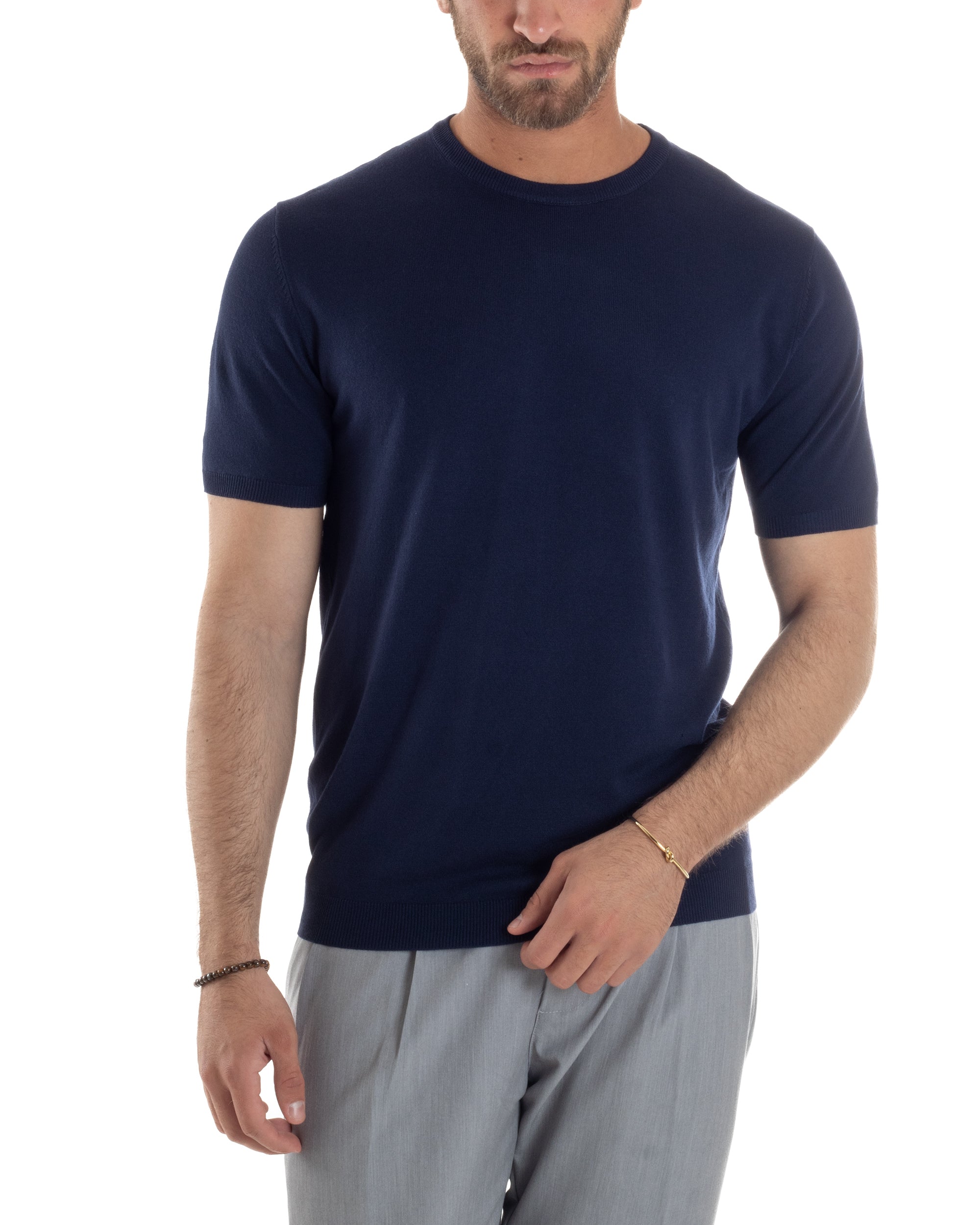 T-Shirt Uomo Girocollo Filo Maglia Sottogiacca Casual Basic Tinta Unita Blu GIOSAL-TS3158A