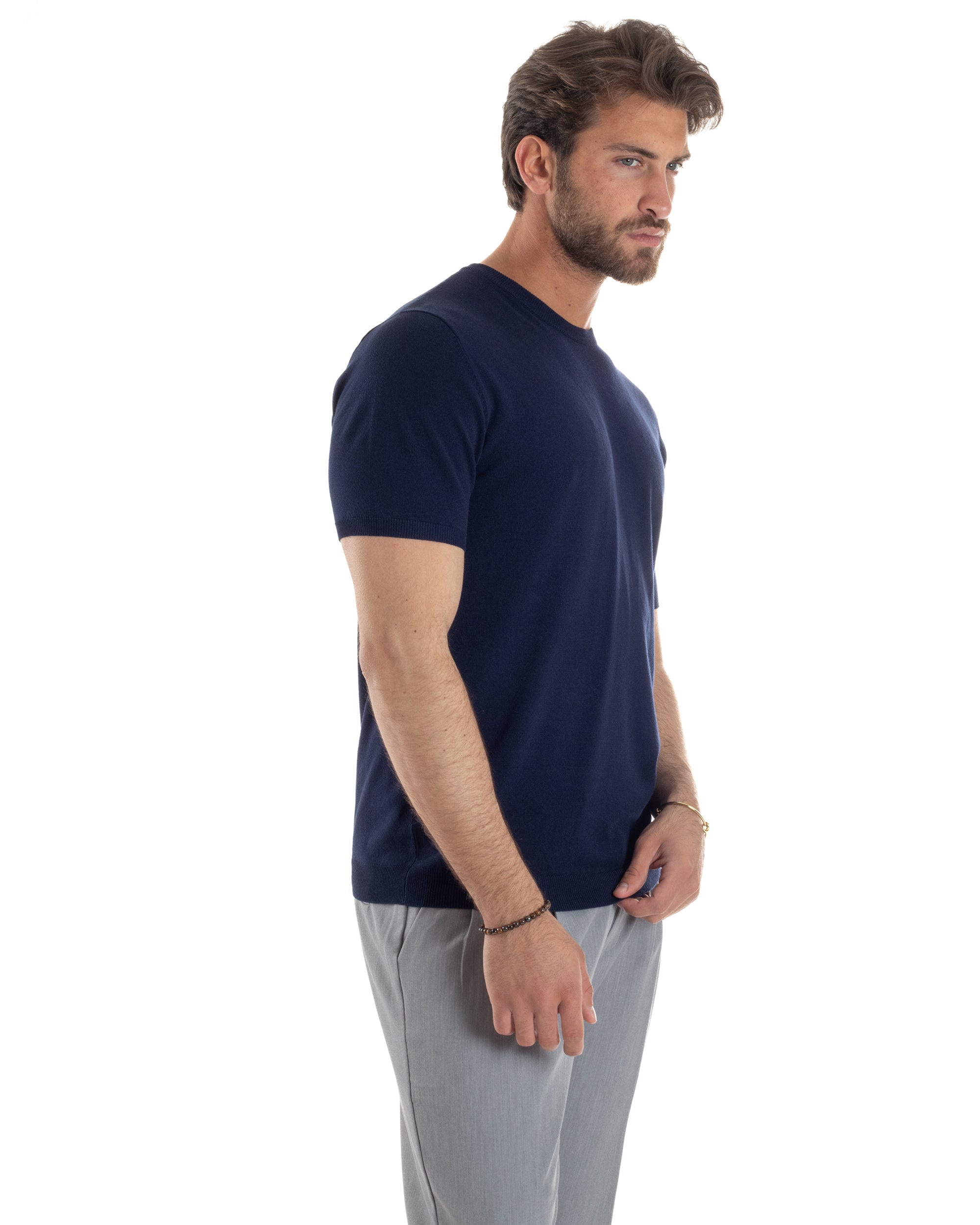 T-Shirt Uomo Girocollo Filo Maglia Sottogiacca Casual Basic Tinta Unita Blu GIOSAL-TS3158A