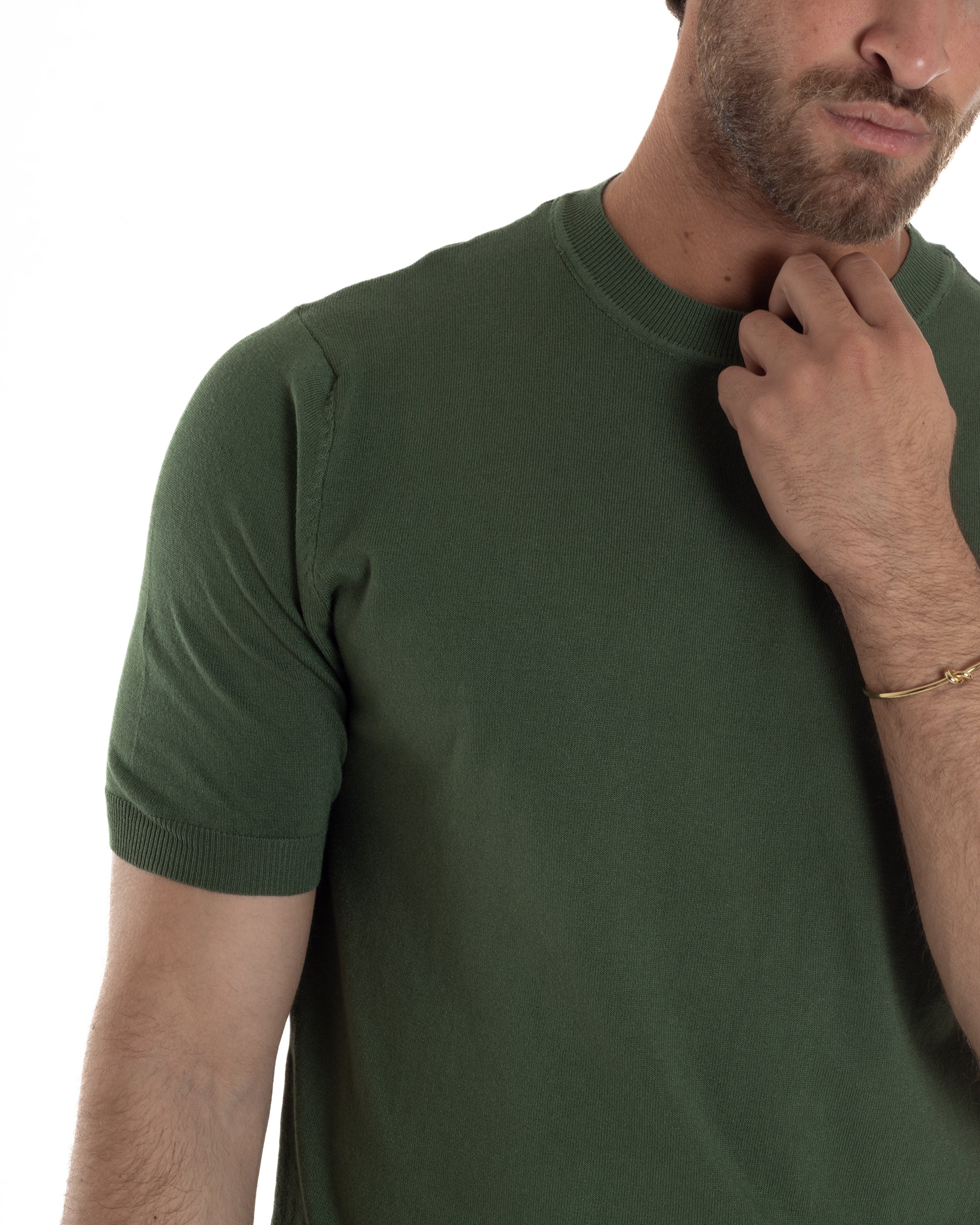T-Shirt Uomo Girocollo Filo Maglia Sottogiacca Casual Basic Tinta Unita Verde Militare GIOSAL-TS3159A