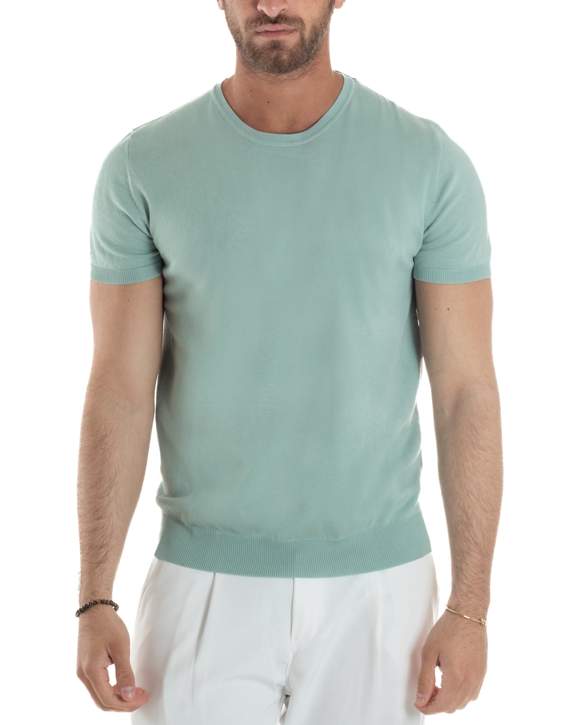 T-Shirt Uomo Girocollo Filo Maglia Sottogiacca Casual Basic Tinta Unita Salvia GIOSAL-TS3160A