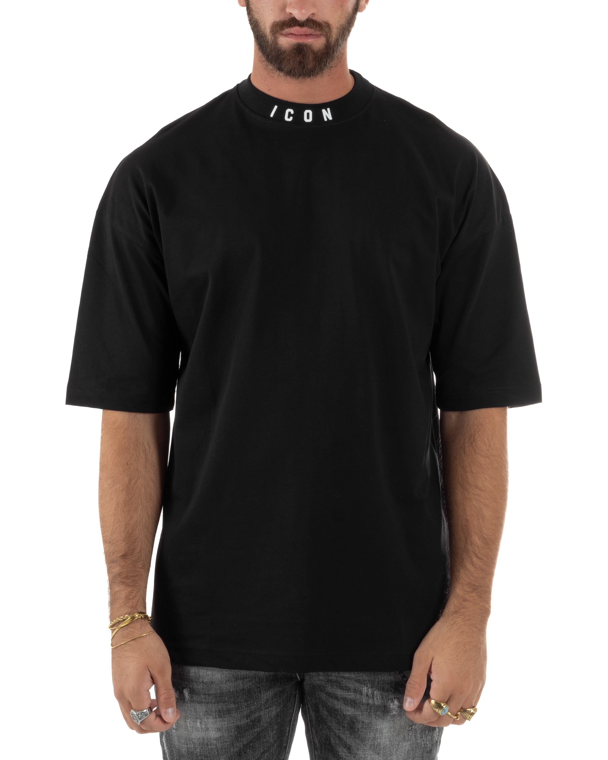 T-shirt Uomo Mezzo Collo Stampa Basic Oversize Gola Alta Nero ICON ICUF2W6T007