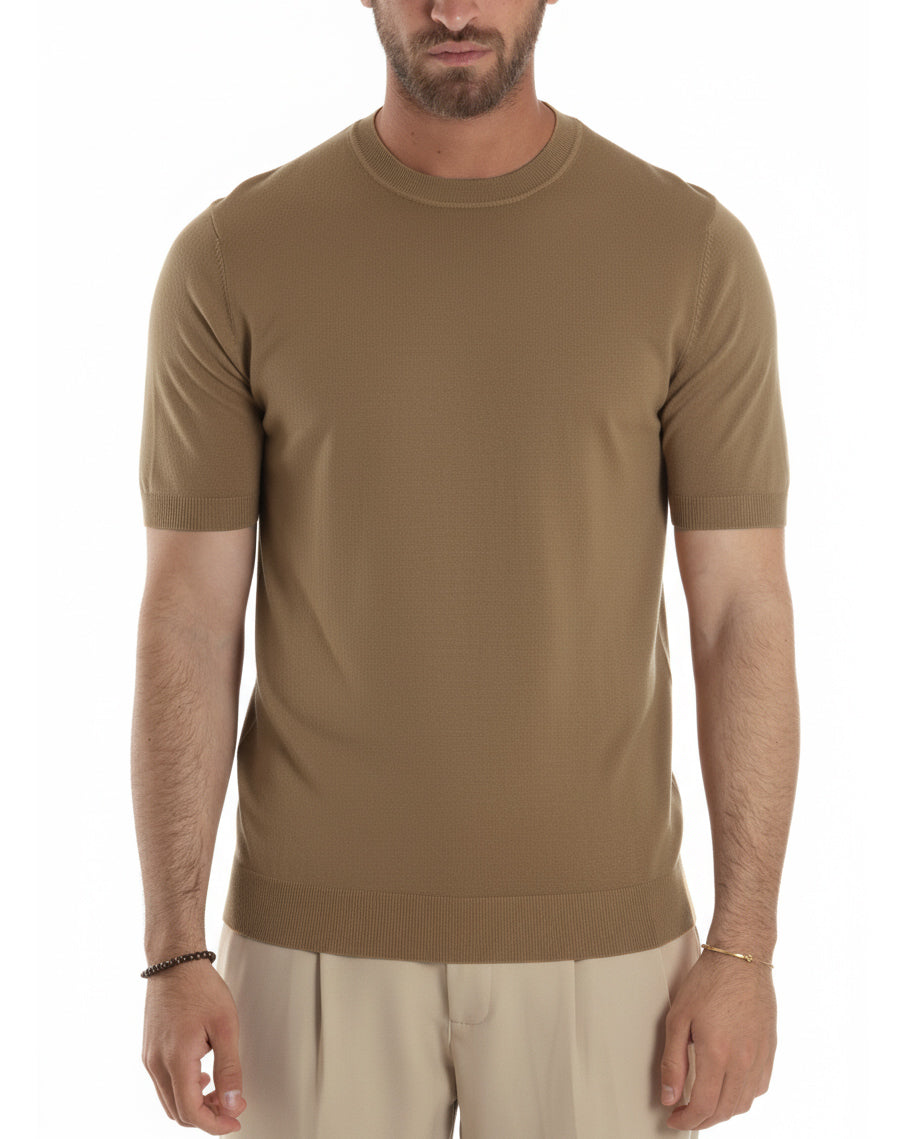 Vista completa t-shirt uomo tabacco girocollo filo 75% viscosa basic