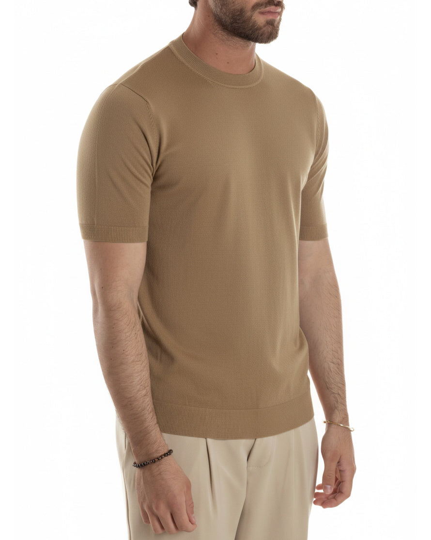 Vista laterale t-shirt uomo tabacco girocollo filo leggera basic
