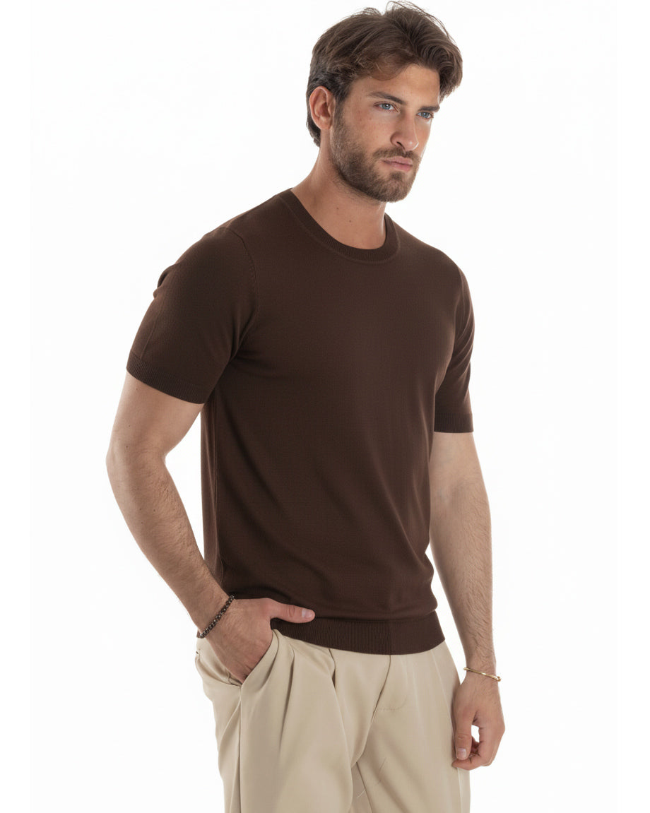 Dettaglio tessuto filo leggero t-shirt marrone 75% viscosa uomo