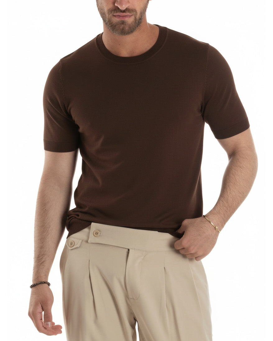 T-shirt uomo marrone girocollo filo maglia sottogiacca regular fit