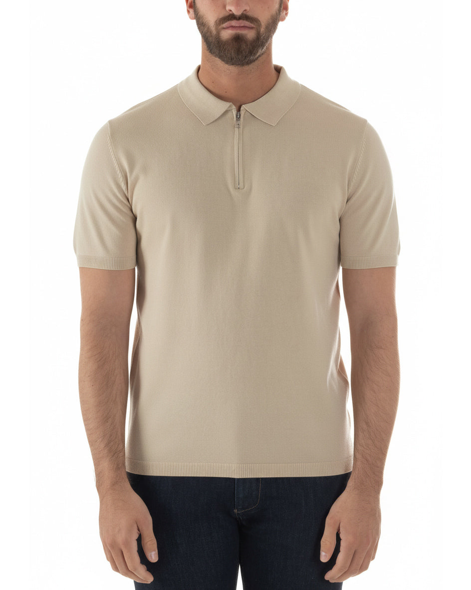 Polo uomo filo maglia colletto con zip t-shirt sottogiacca leggera beige GIOSAL-TS3208A