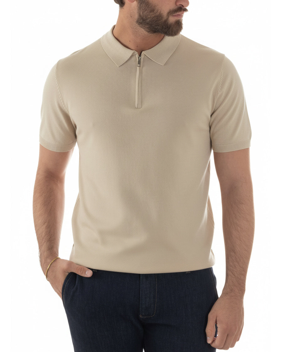 Polo uomo filo maglia colletto con zip t-shirt sottogiacca leggera beige GIOSAL-TS3208A