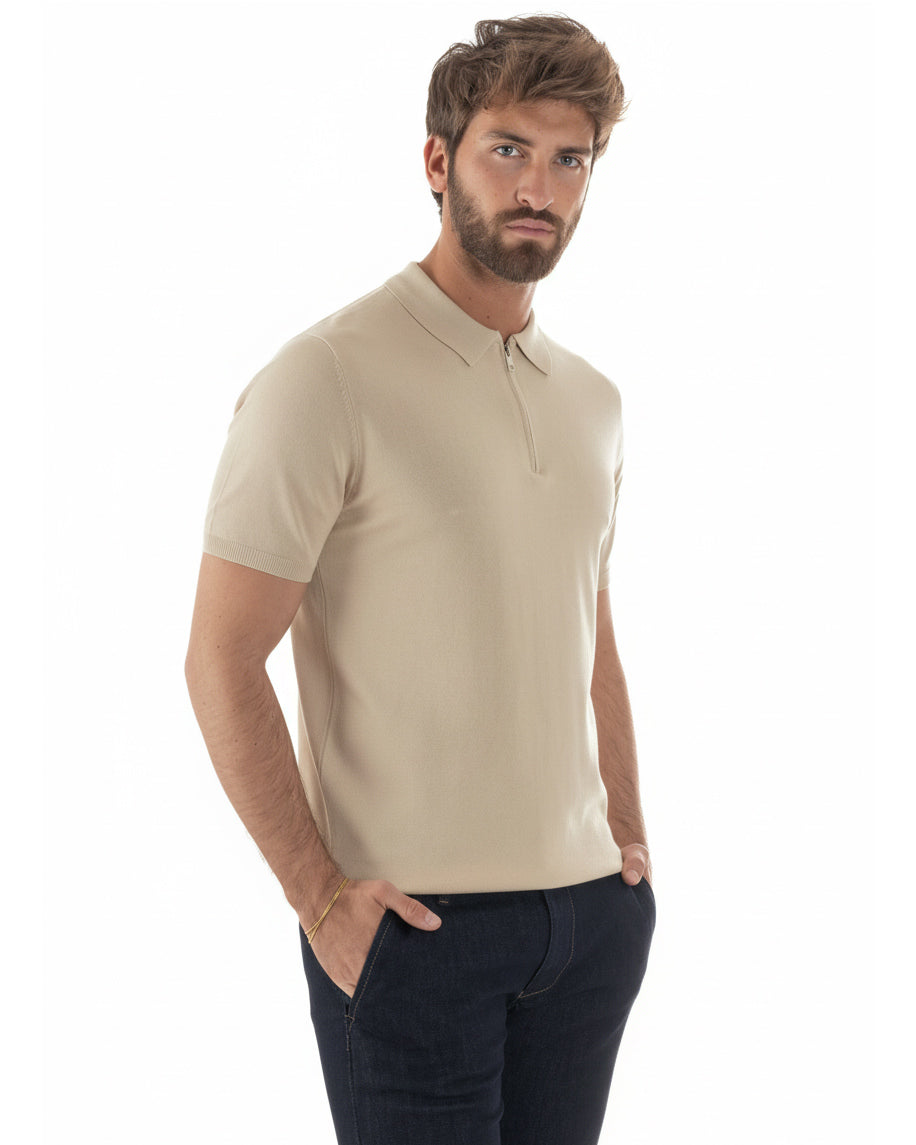 Polo uomo filo maglia colletto con zip t-shirt sottogiacca leggera beige GIOSAL-TS3208A