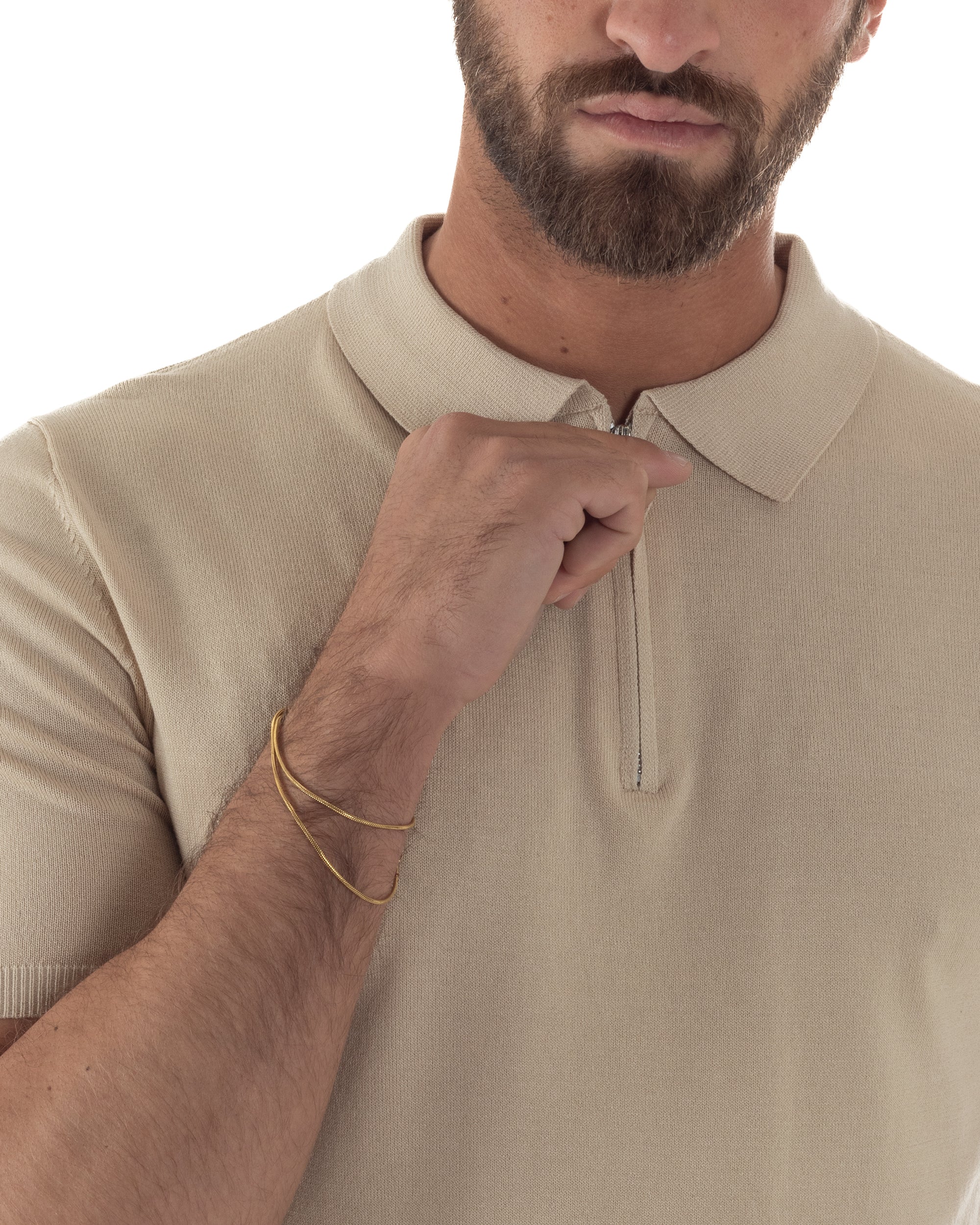Polo uomo filo maglia colletto con zip t-shirt sottogiacca leggera beige GIOSAL-TS3208A
