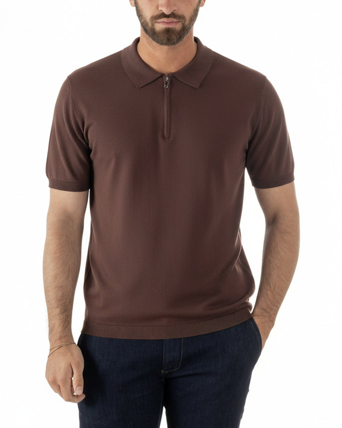 Polo uomo marrone filo maglia colletto con zip regular fit sottogiacca