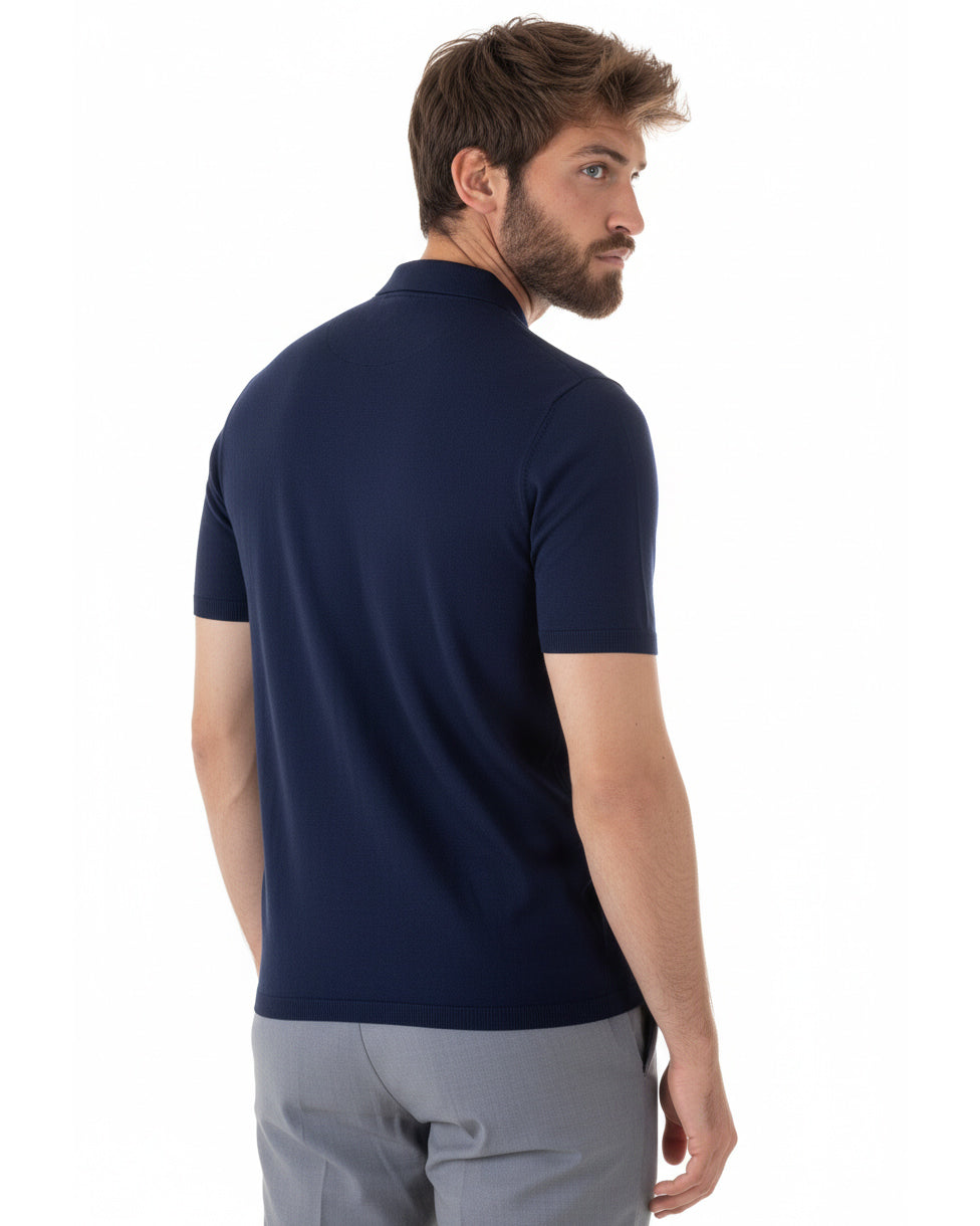Vista completa polo uomo blu filo maglia colletto zip basic elegante