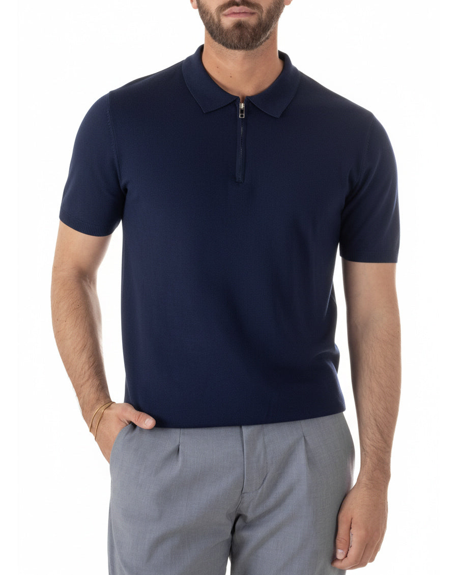 Polo uomo blu filo maglia colletto con zip regular fit sottogiacca