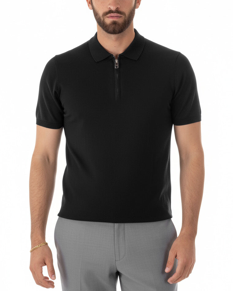 Polo uomo nero filo maglia colletto con zip regular fit sottogiacca